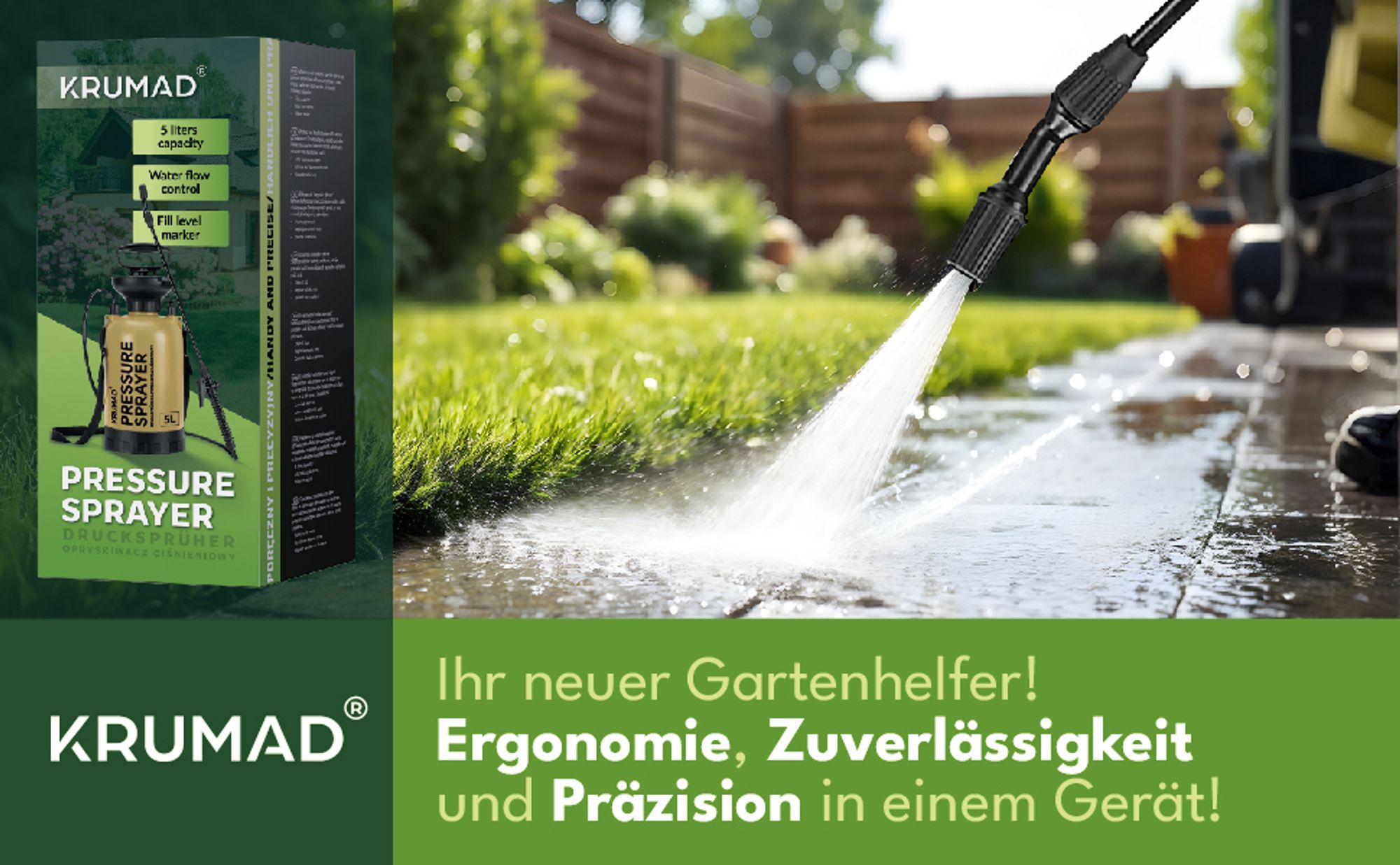 KRUMAD Drucksprüher 5L Gartenspritze mit Lanze 203,5 cm Maximaler Druck 3,2 bar Hand Drucksprühgerät für Garten Unkraut Pflanzenschutz & Reinigung