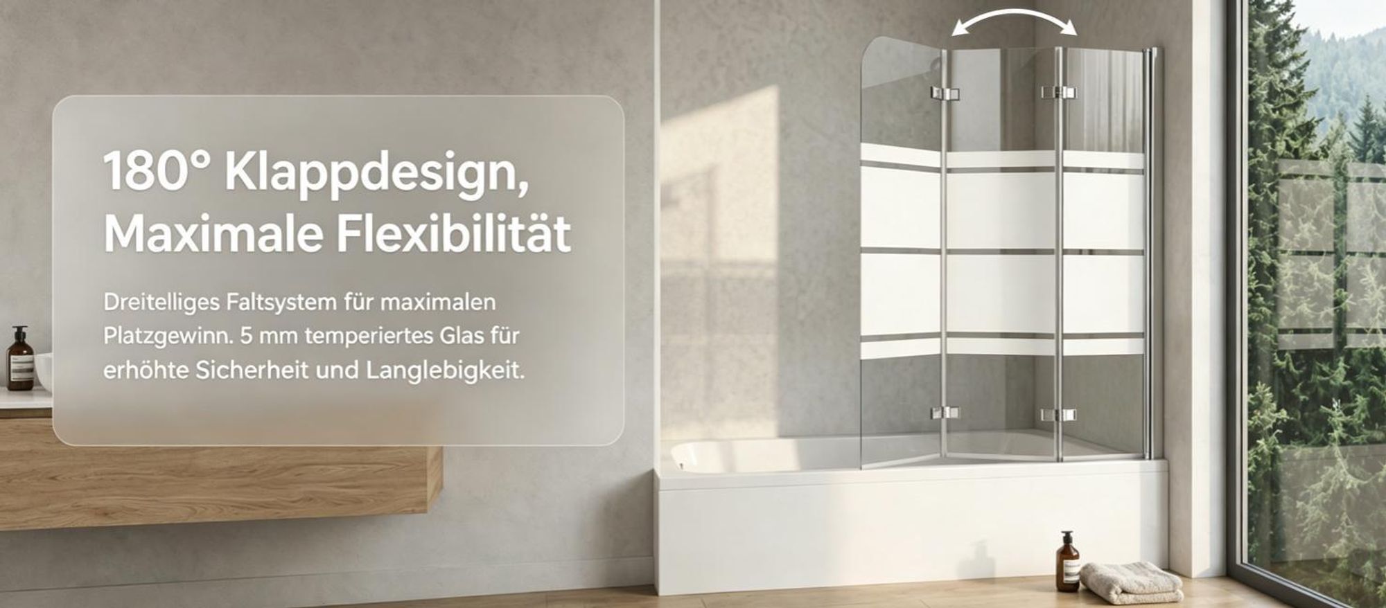 130 x 140 cm Duschwand für Badewanne Dusche Duschabtrennung 3 Teilig Faltwand 5mm ESG Glas mit Weiße Streifenmuster 360º Schwenkbar Klappbare Glaswand