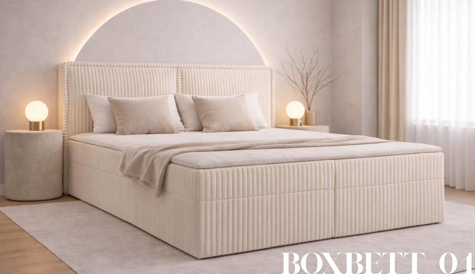 MOEBLO Boxspringbett Bett 04 – Boxspringbett aus Cord, Polsterbett Kontinentalbett Doppelbett mit Bonell-Matratze, Topper und Bettkasten (gepolstertes Kopfteil, Boxspring) - 160 x 200 - Ambience 02 Creme