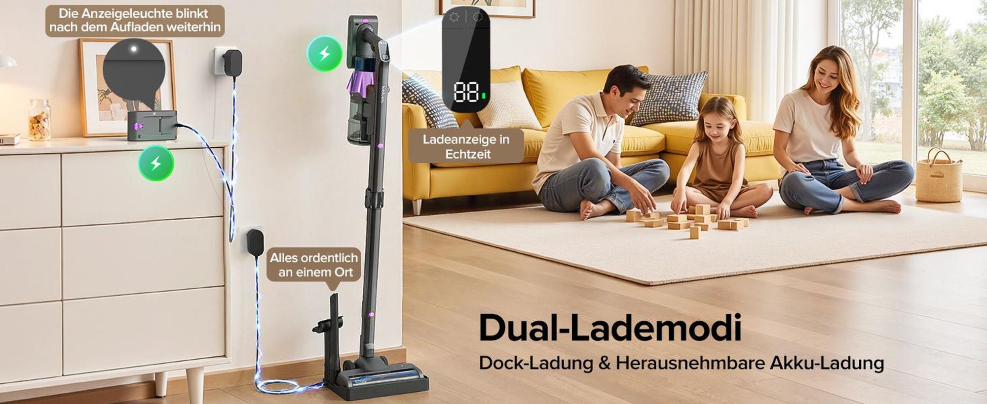 Lubluelu Akku-Staubsauger,85000PA/ 650W/70Min, Staubsauger Kabellos Mit Selbststehendes Design, Flexibles Biegegelenk, Anti-Tangle Bodenbürste,G30