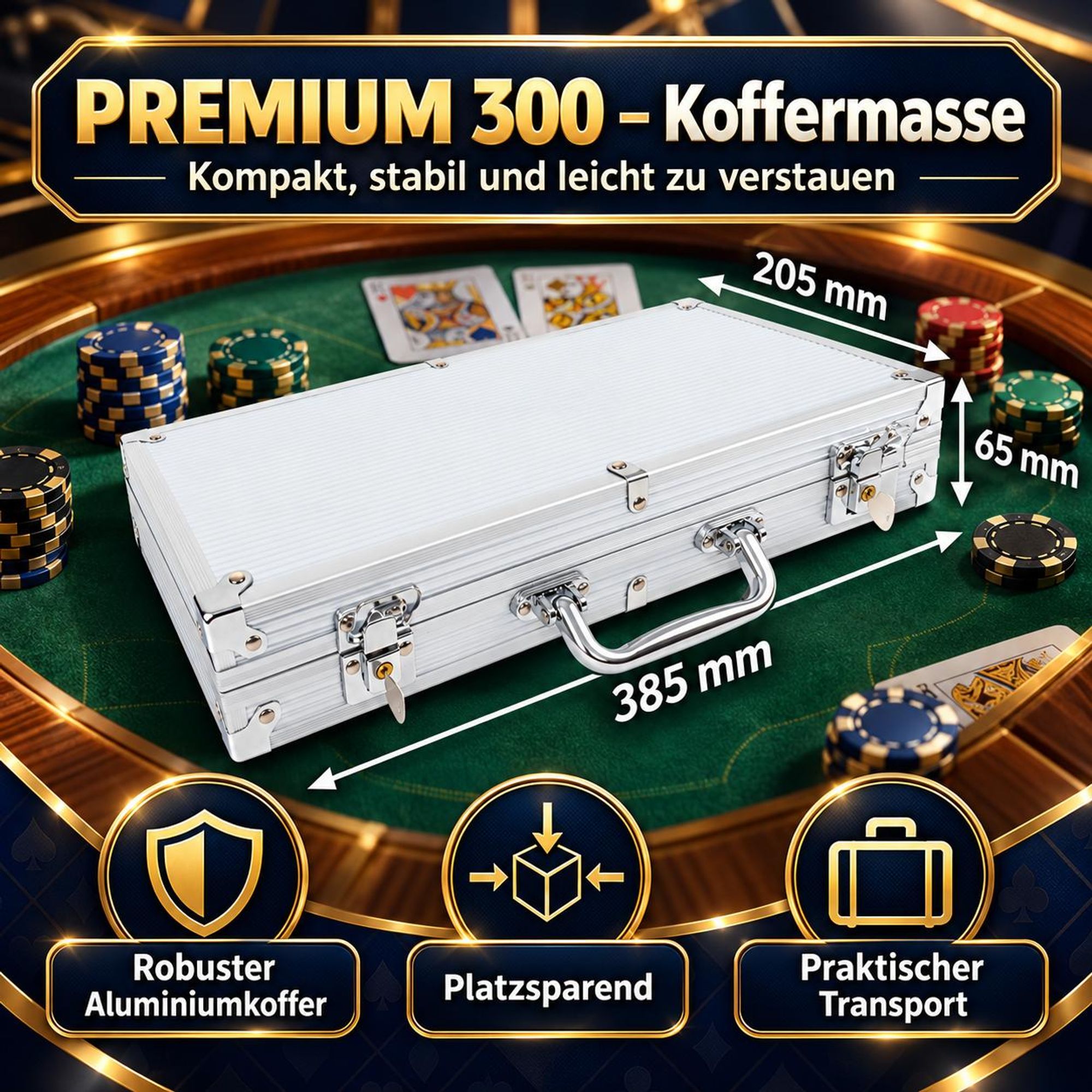 Poker Set Premium 300 Chips mit Metallkern (11,5g) – 6 Wertstufen, Aluminium Koffer, 2 Kartendecks, Blind Chips & Zubehör