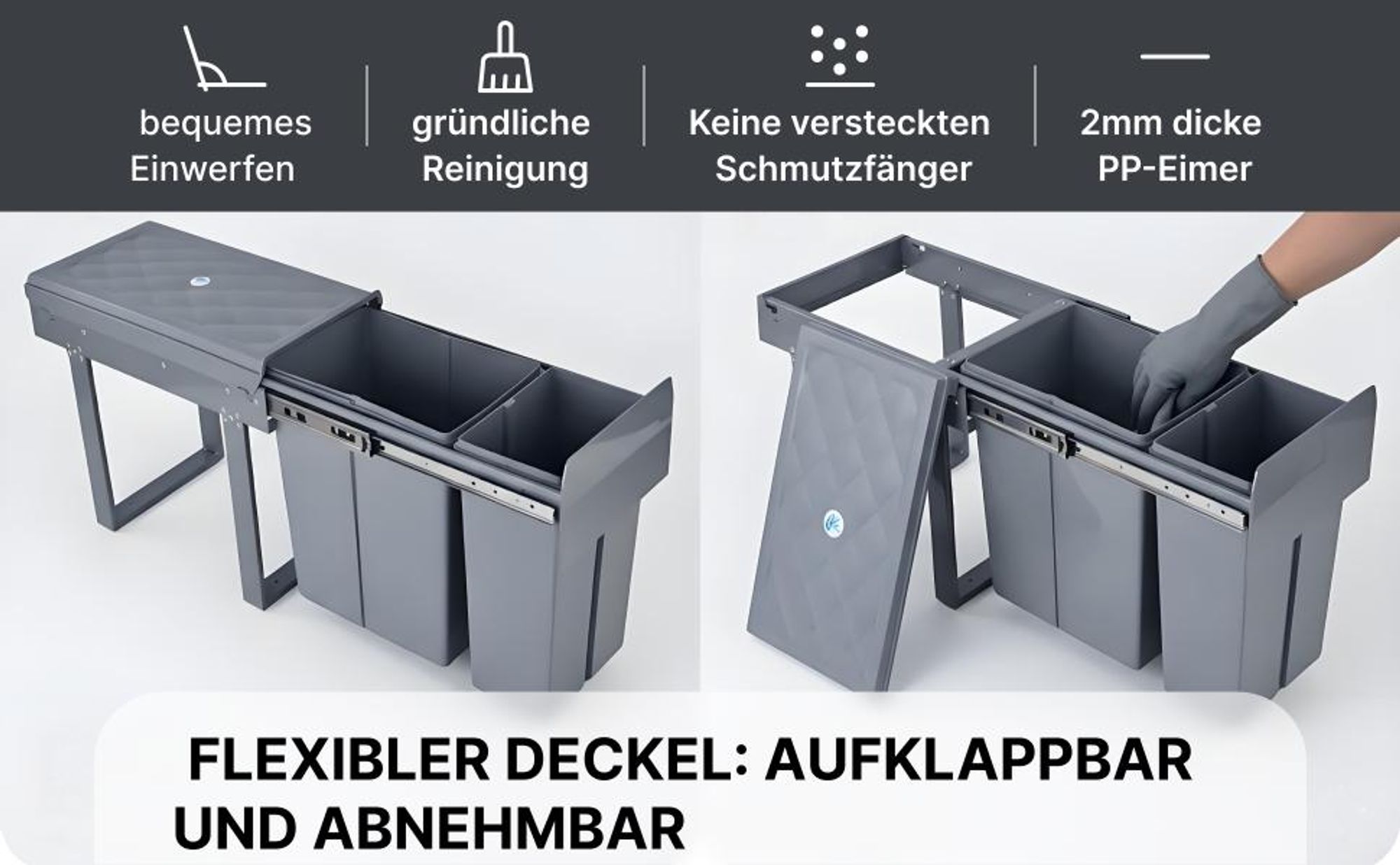 MinteLiv Einbaumülleimer 20L+10L Mülltrennsystem Ausziehbar, Stahlrahmen, 48x33,5x42cm