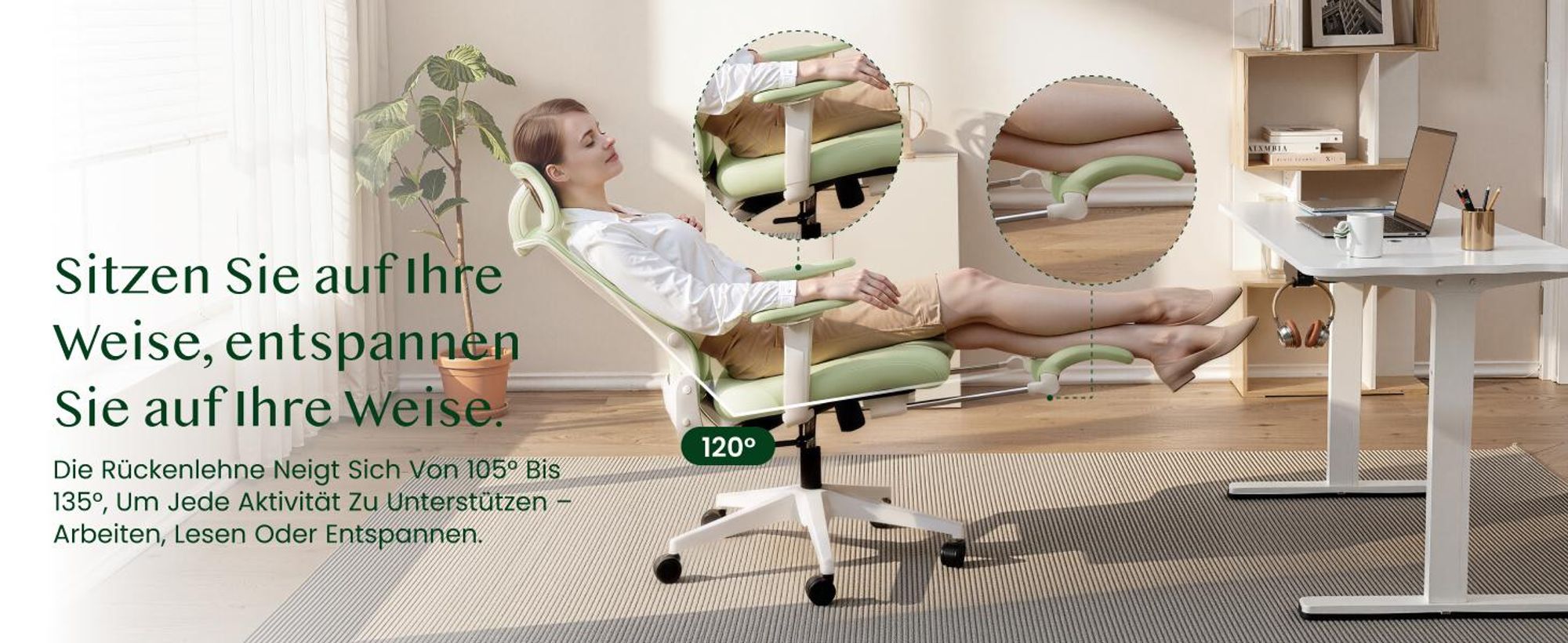 FLEXISPOT Foldex Ergonomischer Bürostuhl,klappbarer Bürostuhl für Kleine Räume mit Lendenwirbelstütze Höhenverstellbaren Armlehnen mit Fußstütze Grün