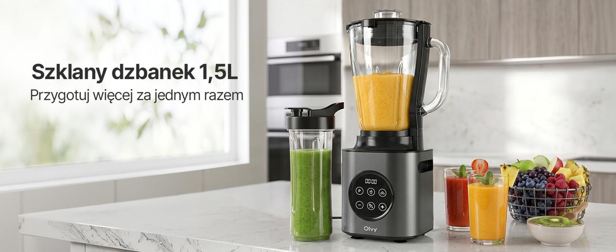 Blender kielichowy Olvy 1000W, dzbanek szklany 1,5L, kubek Tritan 600ml, 9 prędkości, Pulse, kruszenie lodu Funkcja smoothie i koktajli mlecznych