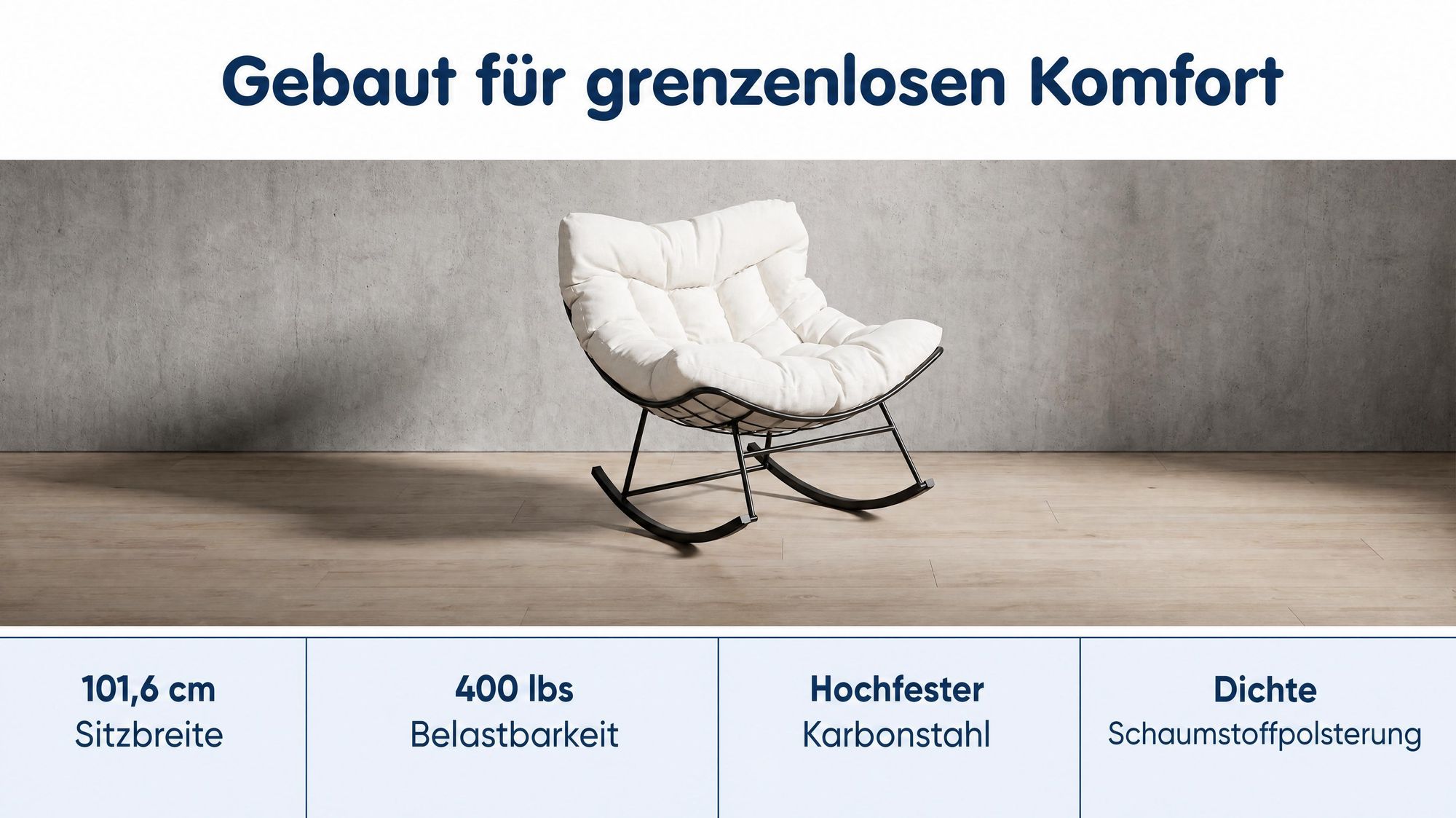 Papasan Schaukelsessel Outdoor mit dickem Kissen & Ottomane – Großer Relaxsessel aus wetterfestem Rattan, stabiler Stahlrahmen, Weiß