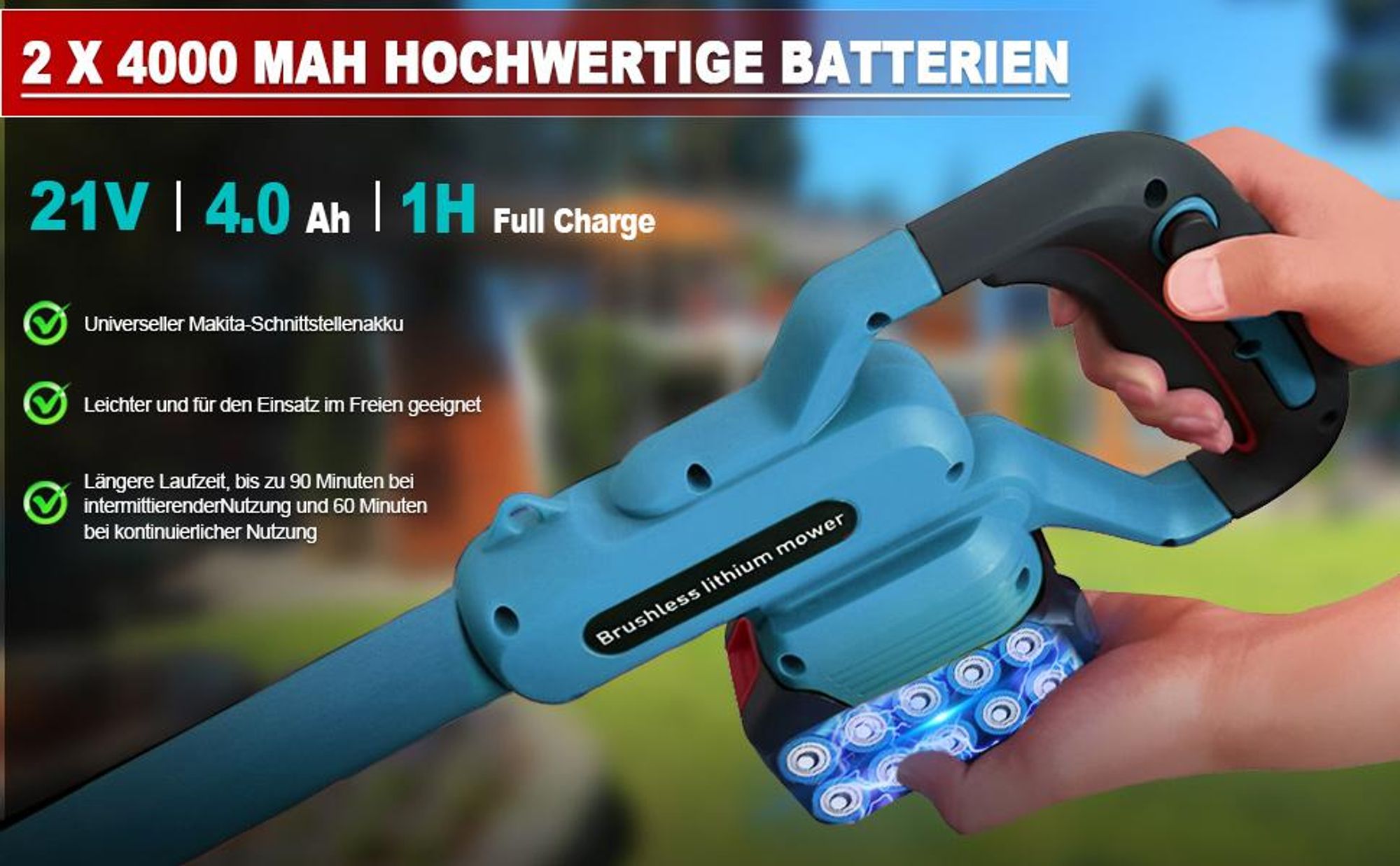 Akku Rasentrimmer mit 2x 4000mAh Akkus, Höhenverstellbar, Leichtgewicht, Freischneider mit Unkrautbürste, Sägeblatt, Kunststoff & Metallklingen