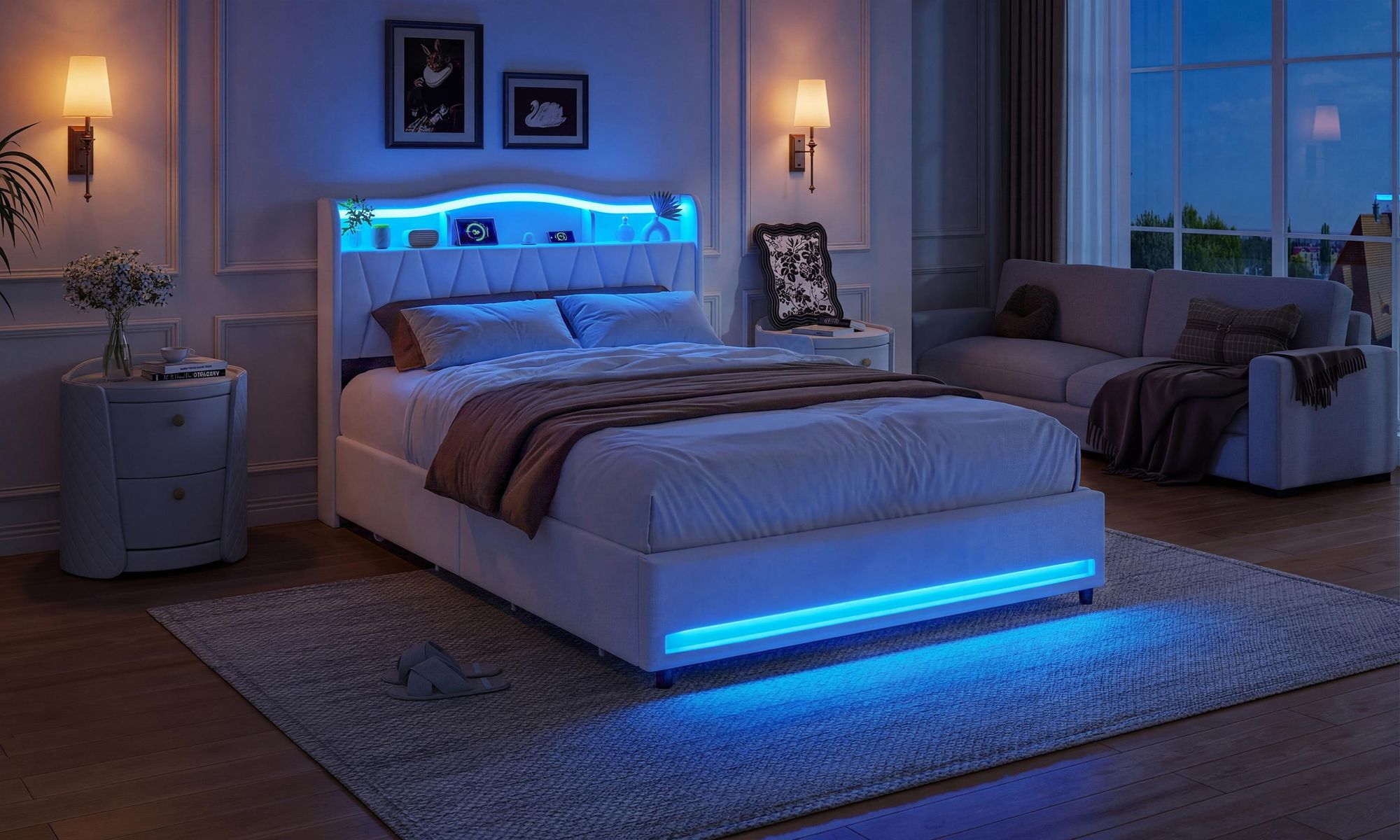 INONEFT Polsterbett 140x200 mit Stauraum Schublade, Doppelbett mit LED & USB, Jugendbett, Bettgestell mit Lattenrost, Stauraumbett, Samt,Beige