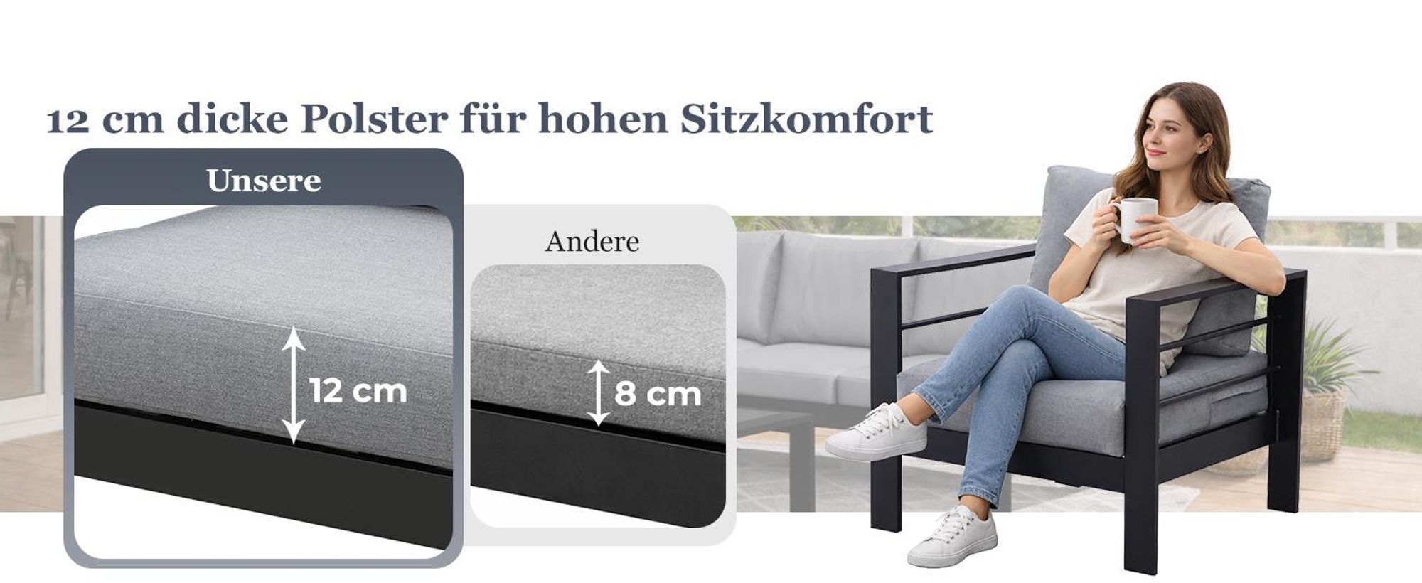 MeXo Gartenlounge-Set Gartenmöbel Set Aluminium Wetterfest 6-7 Personen, mit 12cm Deluxe Relax-Sitzkissen, pflegeleichte Polywood-Tischplatte