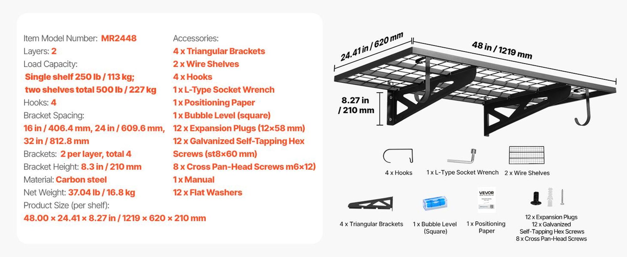 VEVOR 2er-Set Garagenregal 1219x620x210 mm Werkzeugaufbewahrung 113 kg pro Schicht Werkzeughalter Wand 1219x620 mm Regalfläche Aufbewahrungsregale Metallregal Werkzeug Organizer Wandregale