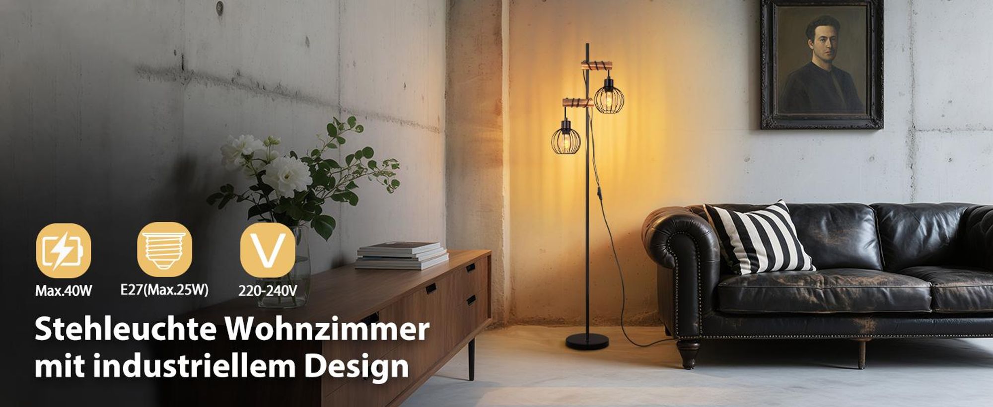ZMH Stehleuchte Wohnzimmer Stehlampe Schwarz Holz Standleuchte Metall Industrial E27 Vintage Standlampe 2 flammig mit Käfig Lampenschirm Retro 152cm