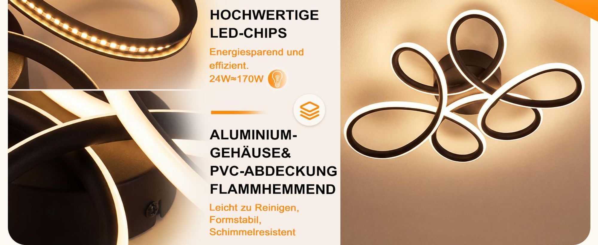 ZMH Deckenlampe Wohnzimmer LED Deckenleuchte 24W 3000K Küchenlampe Schwarz Modern Blume Design Wohnzimmerlampe für Schlafzimmer Büro Küche Flur