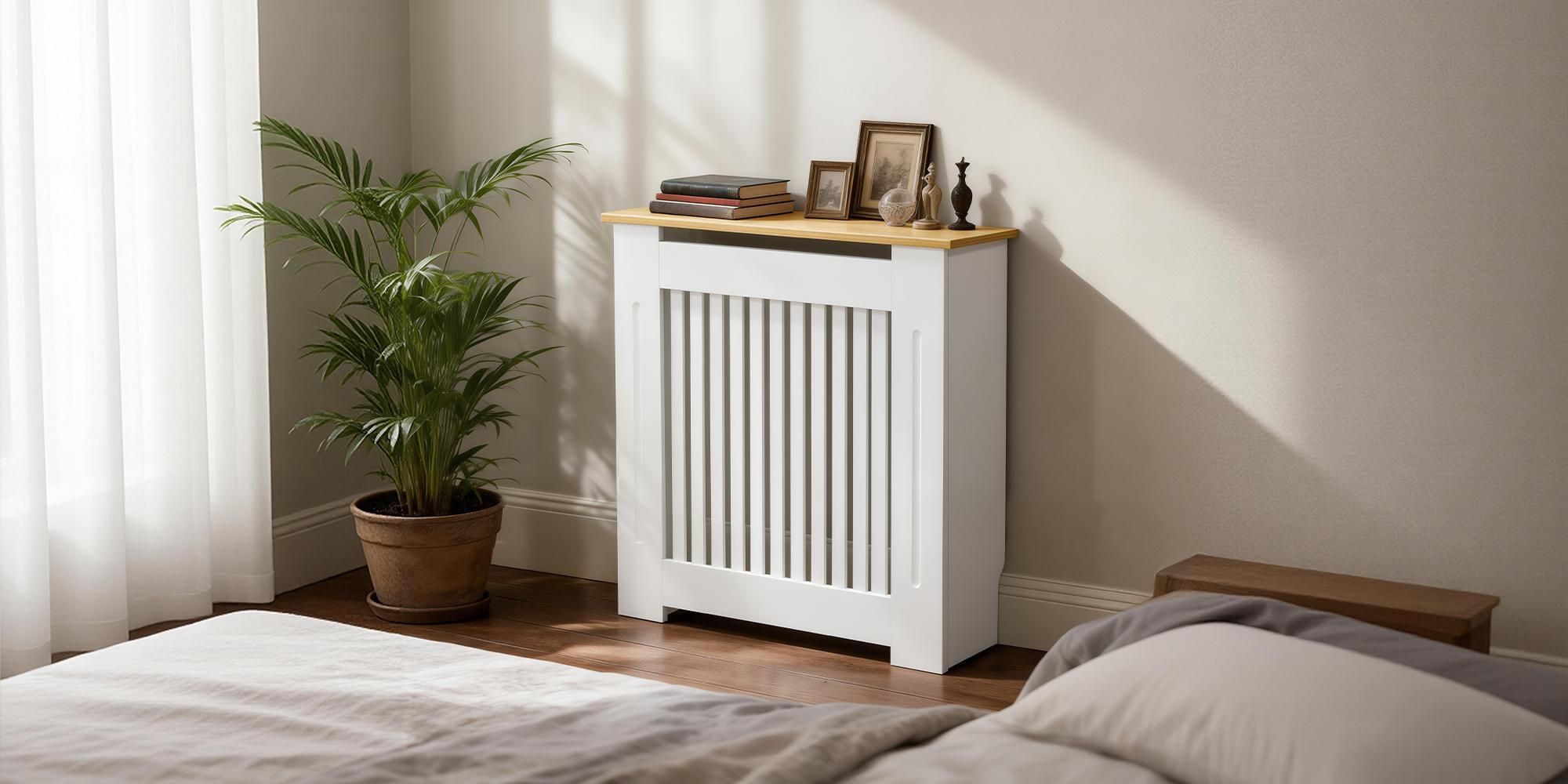 WISFOR Heizkörperabdeckung aus MDF 78 x 20 x 83 cm Lamellendesign praktische Ablage einfache Montage für Schlafzimmer Wohnzimmer