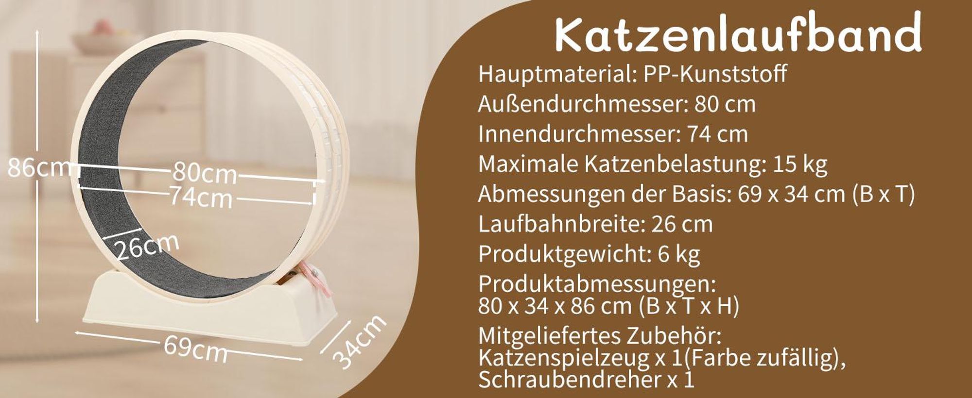 FCH Katzenlaufrad, Laufband für Katzen, Innendurchmesser 80cm, PP-Kunststoff, leise Laufband und Sicherheitsschloss-Design, Cremefarben