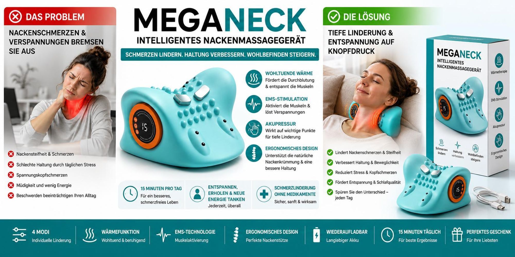 Elektrisches Nackenmassagegerät mit EMS, Wärme, Dehnung, Akupressur, Akku Massagegerät gegen Nackenschmerzen - MEGANECK