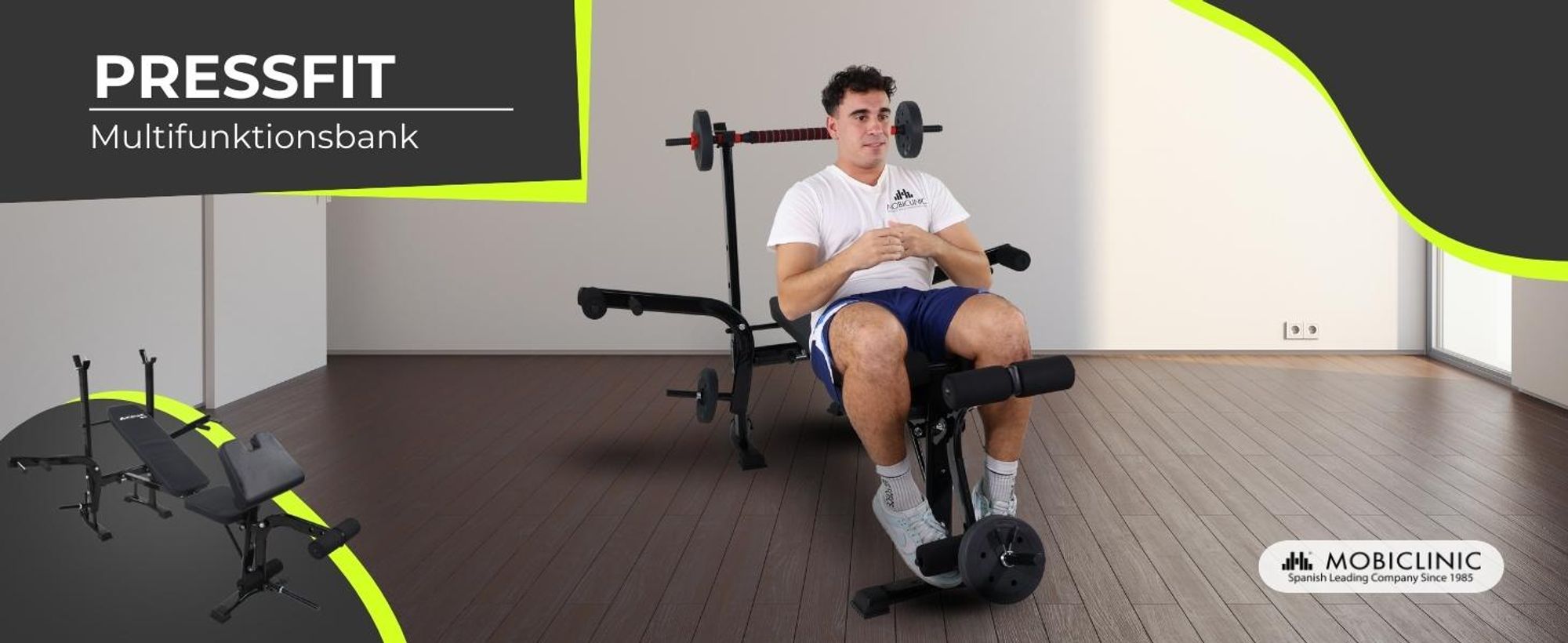 Mobiclinic Multifunktionale Trainingsbank Hantelbank verstellbar Pressfit Verstellbar klappbar Stahl Belastbar bis 250 kg Unterstützung für Stangen