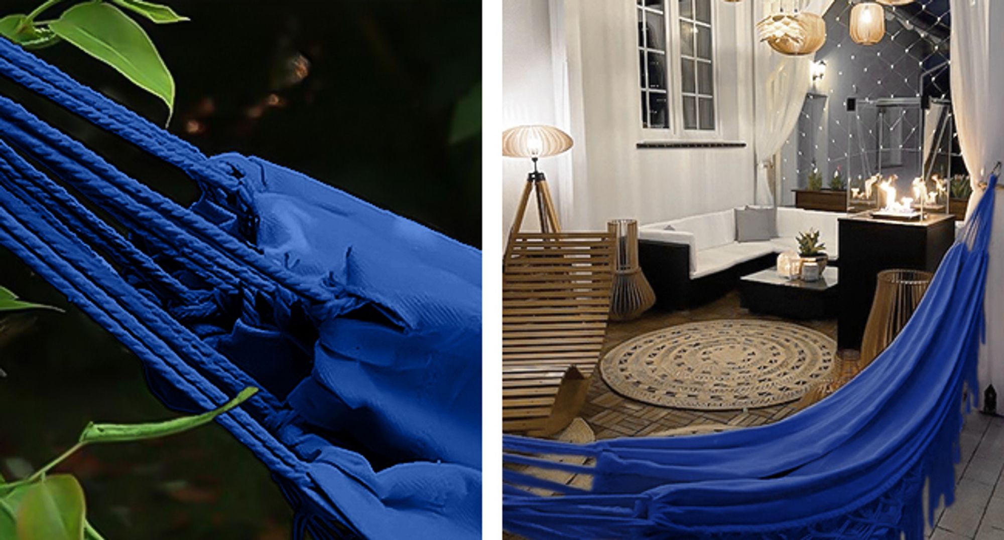 KRUMAD Hängematte Outdoor Boho-Stil 190x150 cm Blau 120 kg Belastbarkeit Mit Fransen Aufbewahrungstasche 2 Seilen Baumwolle-Polyester Outdoor Indoor