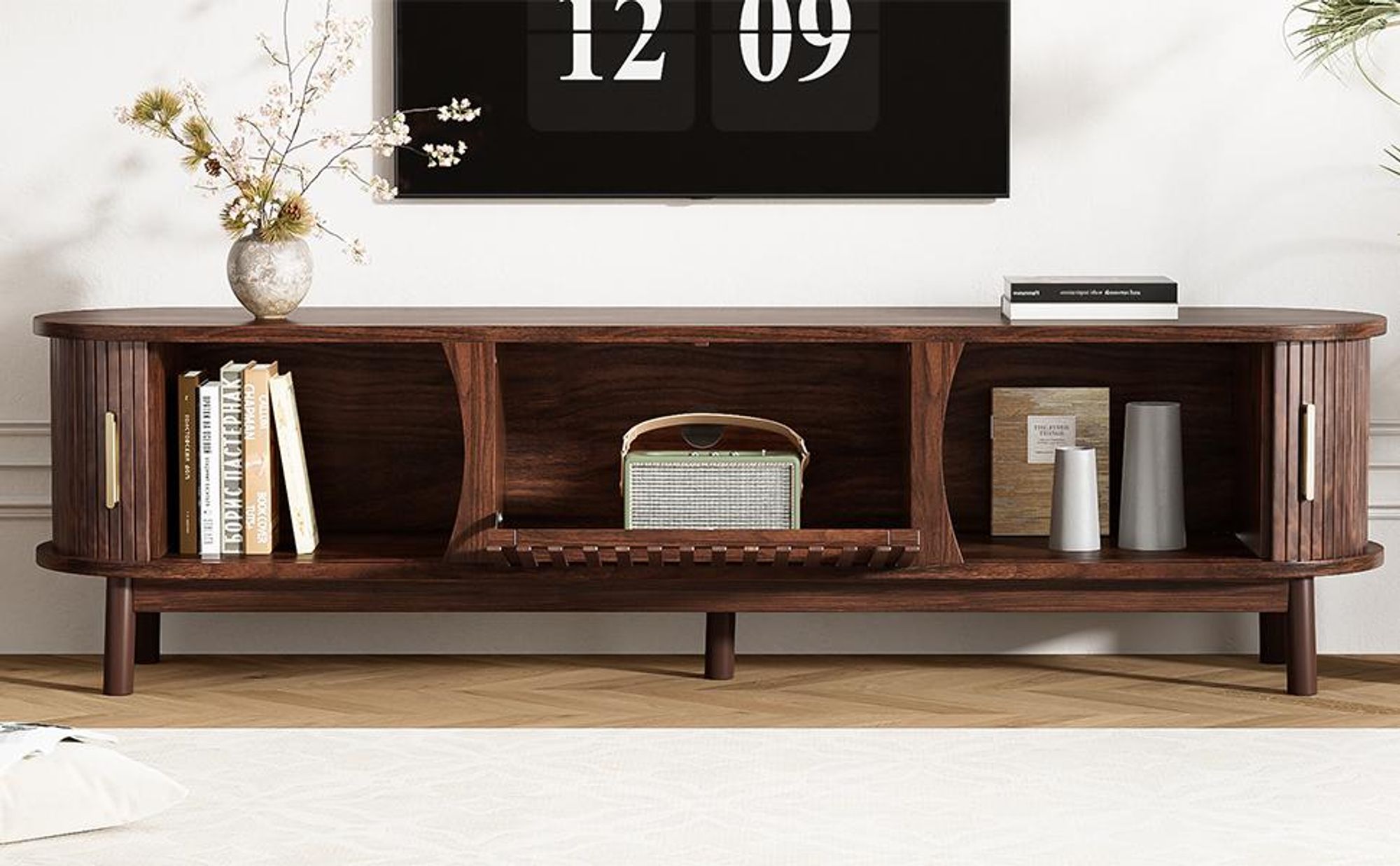 Merax TV-Schrank 165 cm mit Schiebetür und Klapptür, Retro Lowboard mit 3 Fächer aus MDF, Stauraum für 65 Zoll Fernseher, Braun