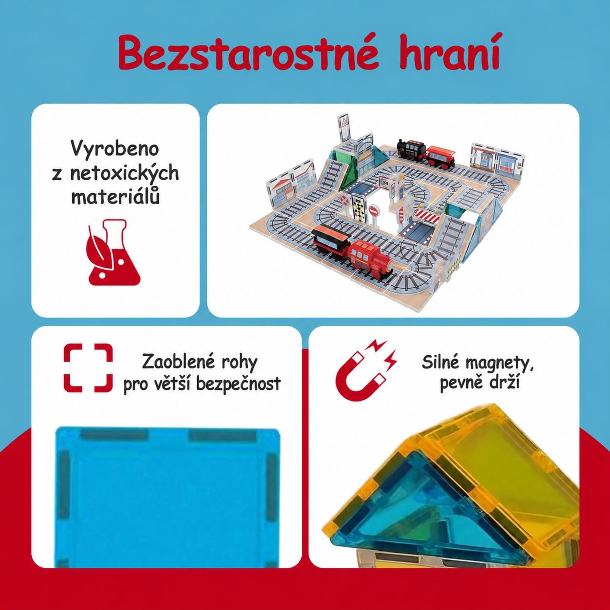 Sada magnetických kostek – vláček, montessori hračky, 112 ks, magnetické kostky pro děti, magnetické stavebnice, stavebnice vláčku, od 3 let, Magna, Olvy