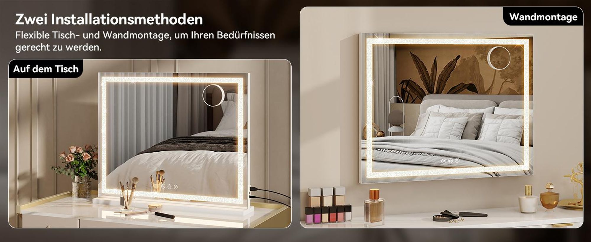 Puluomis Kosmetikspiegel 70x55 cm dimmbar mit LED Diamanten Design, 3 Farben Hollywood Spiegel, Schminkspiegel USB Type C Tischspiegel Wandspiegel