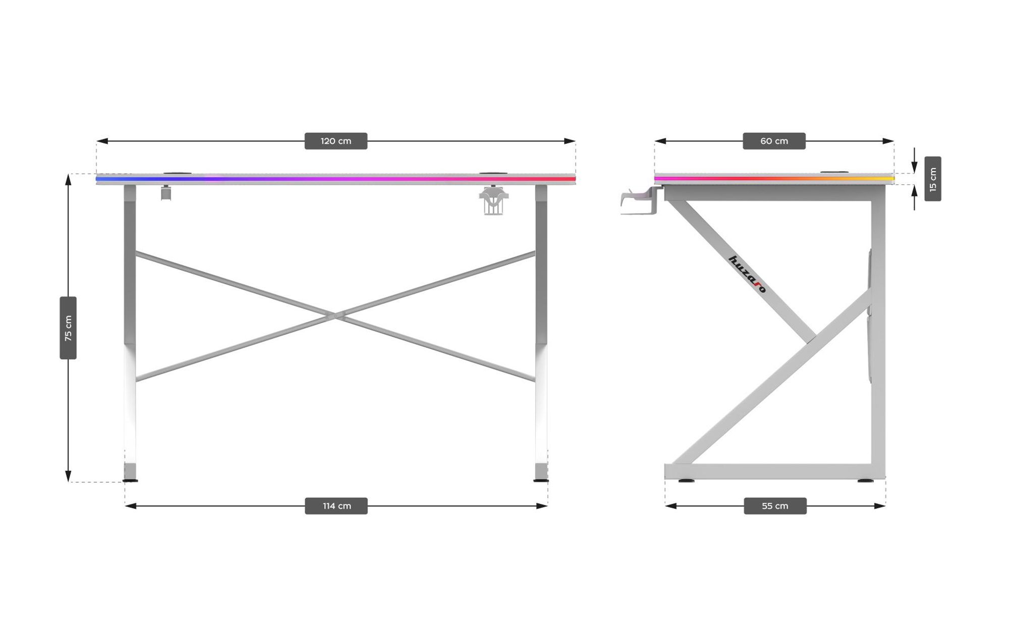 Huzaro Hero 1.7 | Gaming Schreibtisch LED Beleuchtung | 120x60cm | Kopfhörerhaken Getränkehalter | Kohlefaseroberfläche | Kabeldurchführung | Weiß