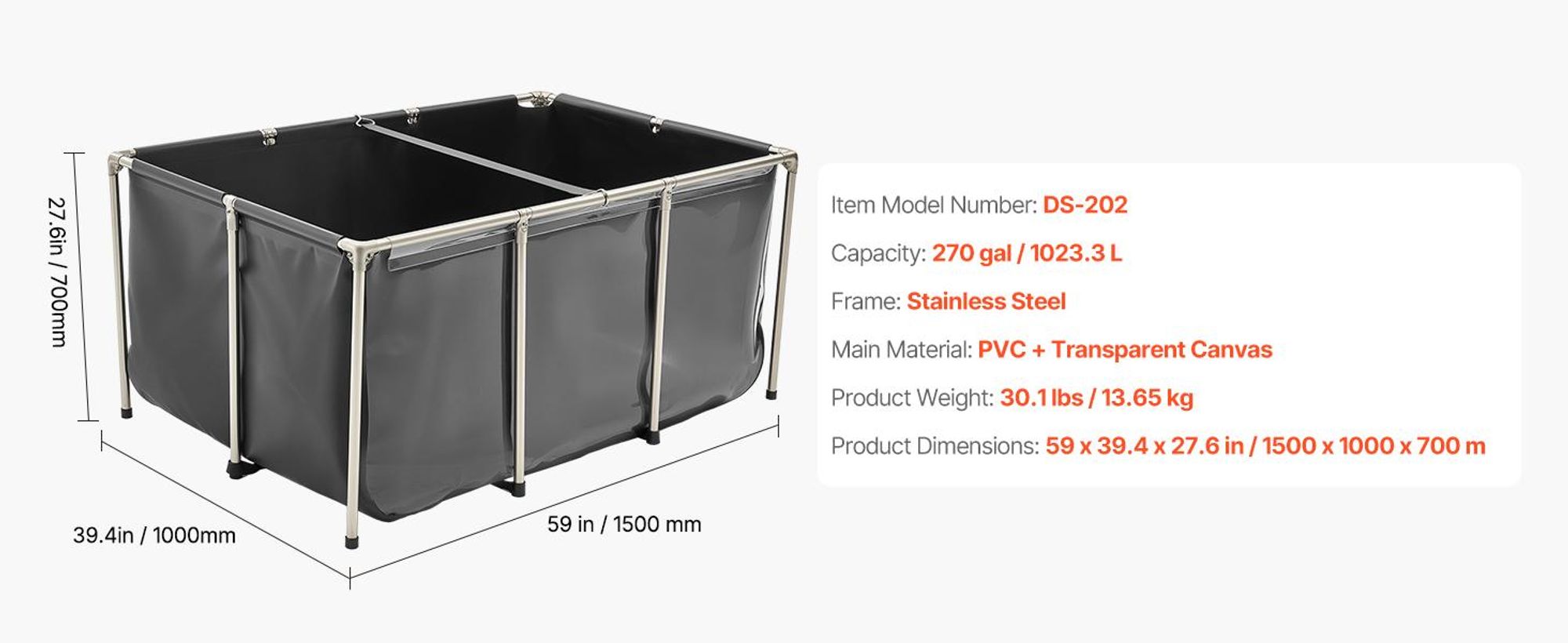VEVOR Fischteich aus Segeltuch, 1023,3 L Zuchtwassertank, PVC-Koi-Tank mit transparentem Sichtfenster, Aquarium mit Edelstahlrahmen & Ablassventil, zur Zucht von Koi, Goldfisch (schwarz)