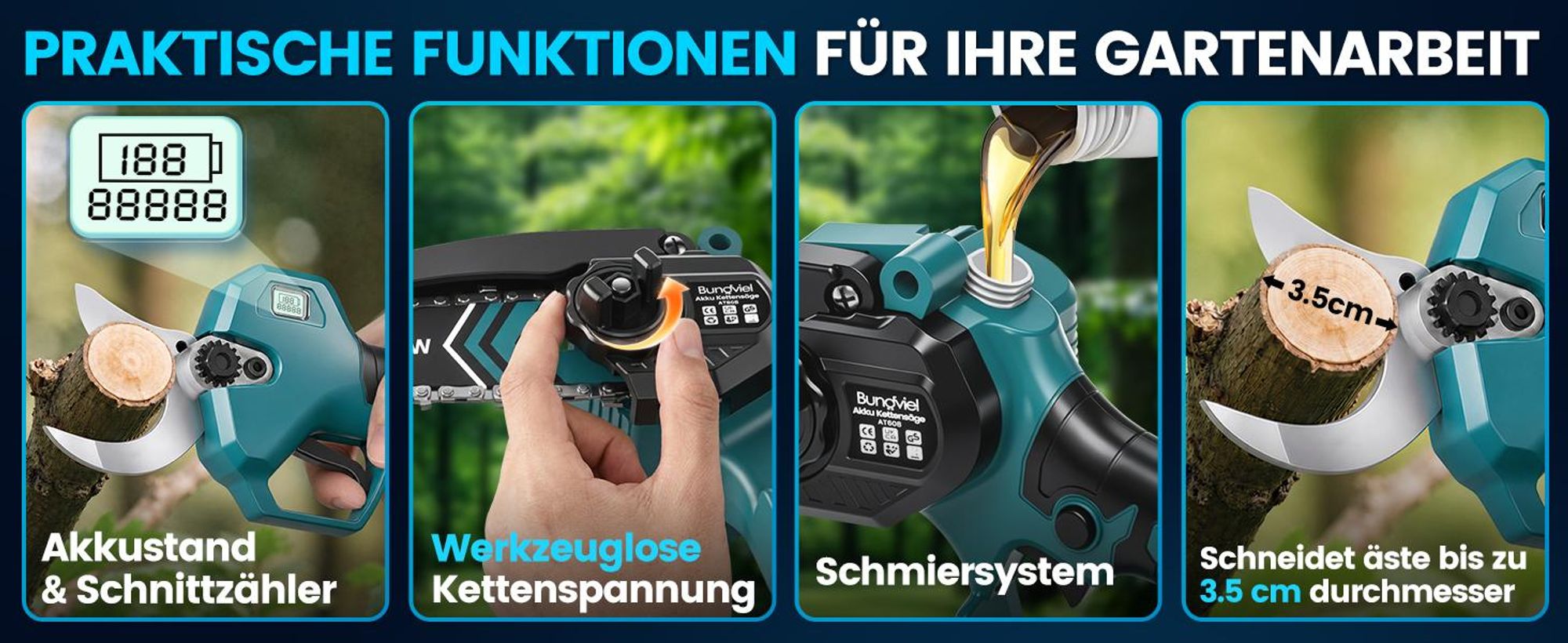 Akku Hochentaster 4-in-1 Bürstenloser Elektro Teleskop Hochentaster Astsäge Gartenschere mit 2× Akku, 2m Stangenlänge, Kompakte Hochentaster zum Baum