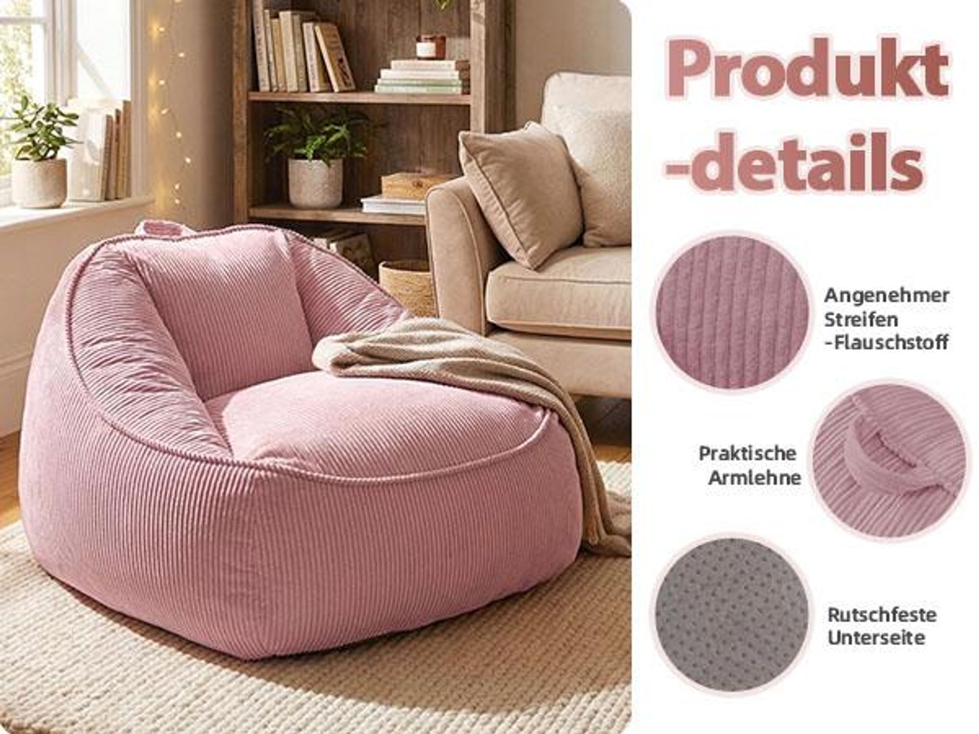 Übergroßer Sitzsack für Erwachsene, Füllung aus Schaumstoffflocken, flauschiges Bodensofa, birnenförmig, Grau