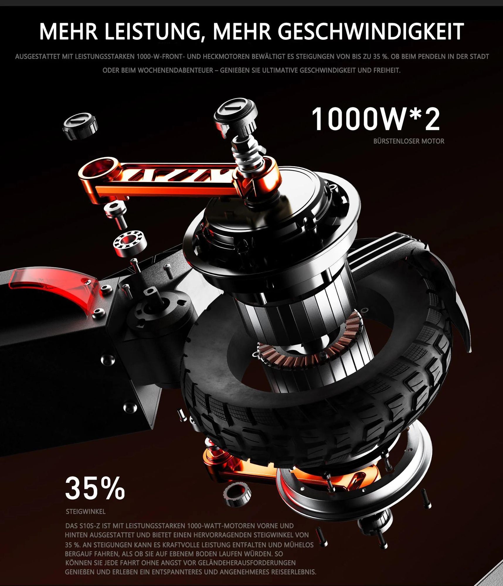 JOYOR S10-S-Z Doppelter Motor Faltbar Elektroroller - 1000W*2 Motor 60V18AH Akku 10 Zoll Reifen - Schwarz