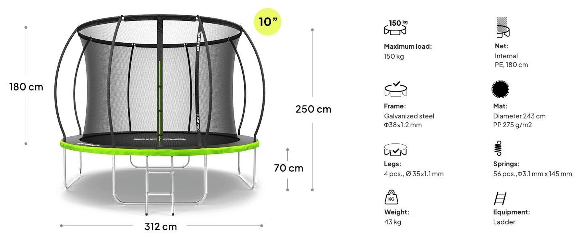 ZIPRO Trampolína Jump Pro Premium | 10FT Ø 312 cm | Zahradní trampolína Dětská trampolína Kompletní sada včetně sítě, žebříku a krytu okraje, venkovní, zelená