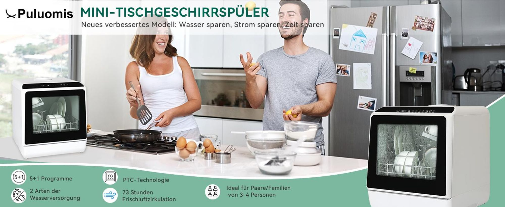 Puluomis Mini Geschirrspüler 45cm freistehend, Geschirrspülmaschine mit mit 5+1 Programe für 3 Gedecke, funktioniert mit/ohne Wasseranschluss, schwarz