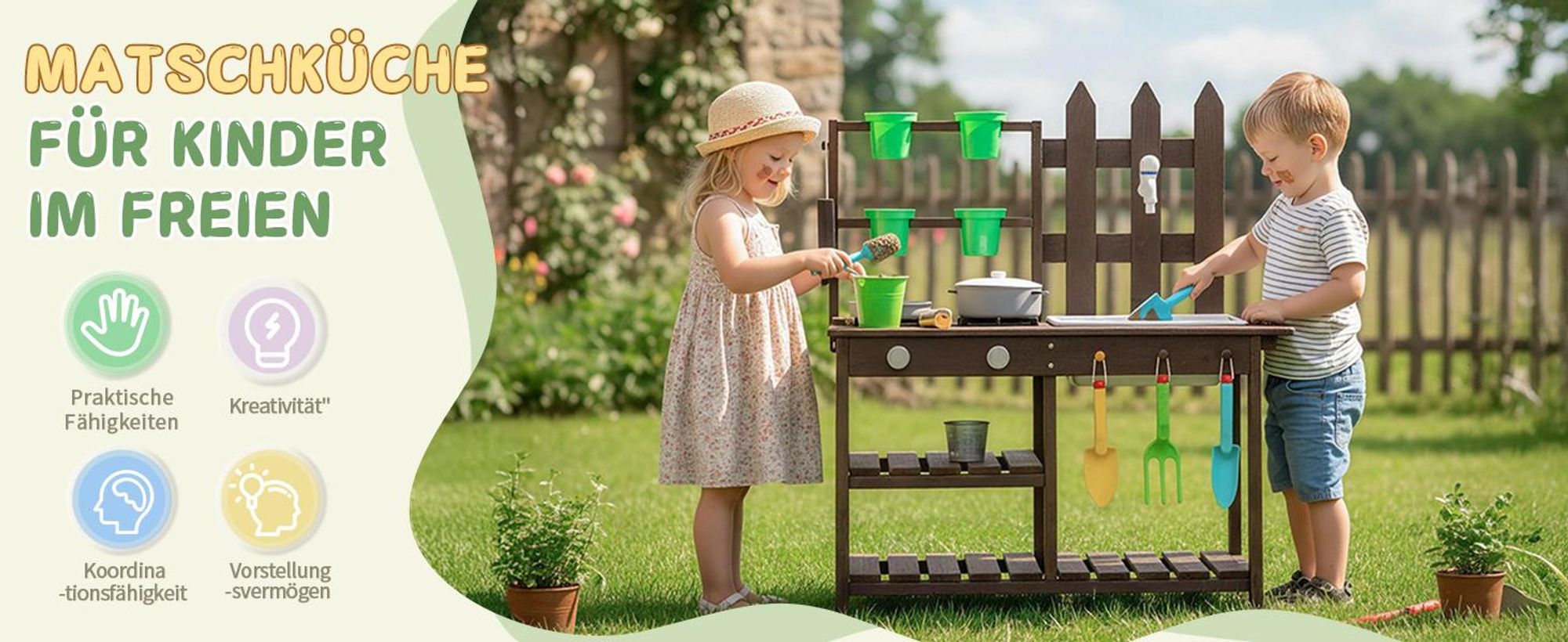 FCH Holz Matschküche mit Pflanzentöpfen & Werkzeugen,2-in-1 Koch- & Gartenspiel,Spielküche aus Holz,Gartenküche für Kinder