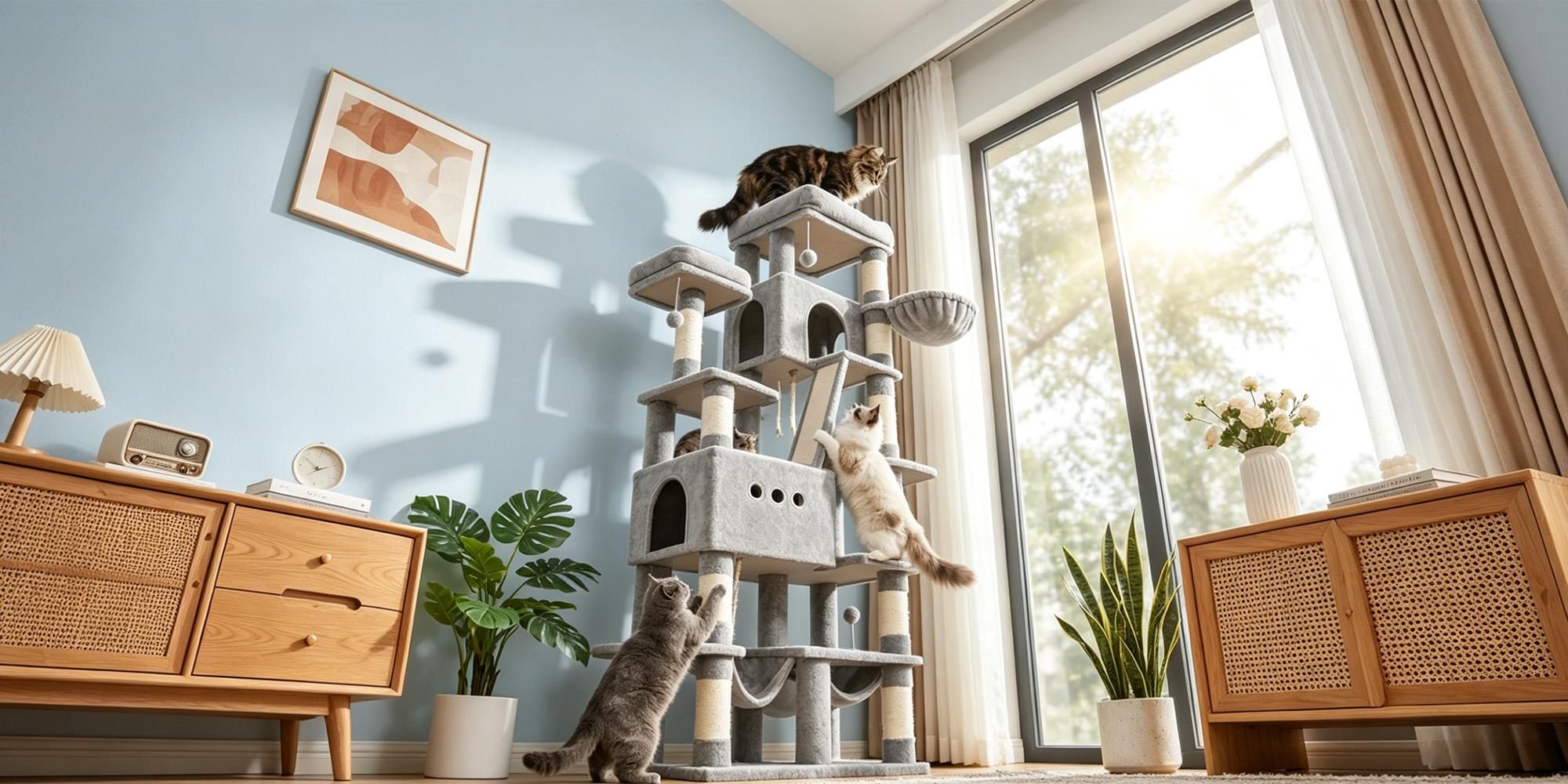 Fobyfurny Kratzbaum, 201 cm XXL Katzenbaum mit 9 Kratzsäulen, 2 Höhlen, 2 Hängematten, Große Plattform, Sisalseil, Korb, Große Katzen