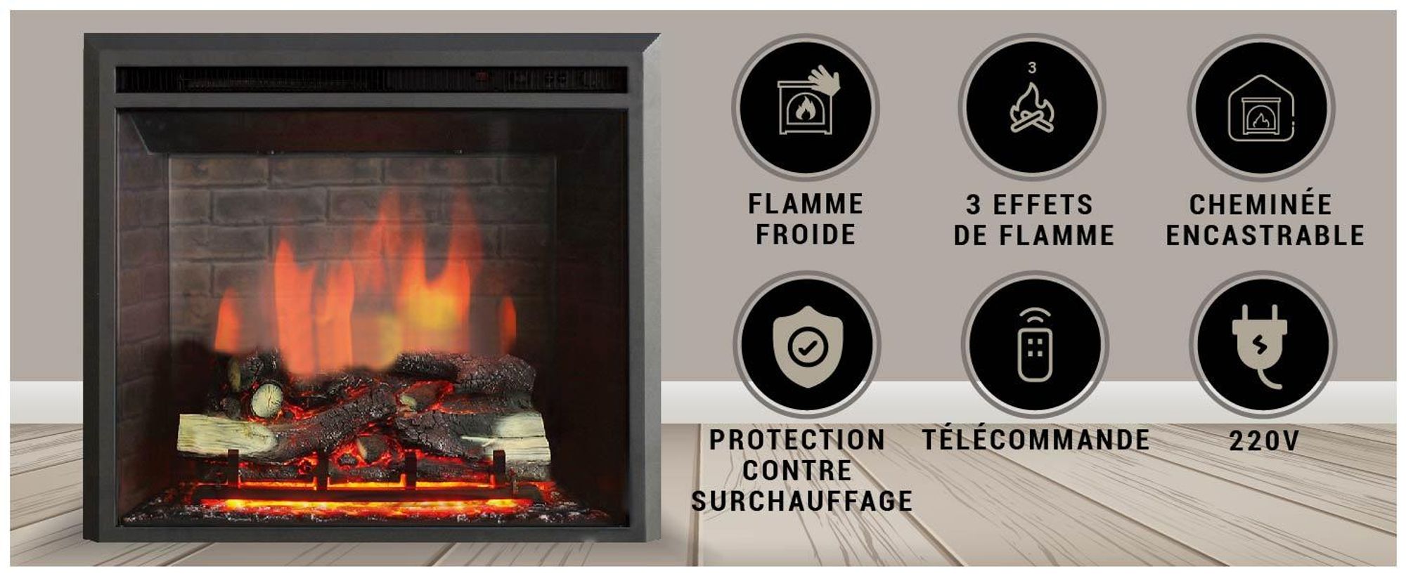 Cheminée électrique encastrable BALDERIA Calida 26 – Puissance de chauffage jusqu'à 2 000 W, noire
