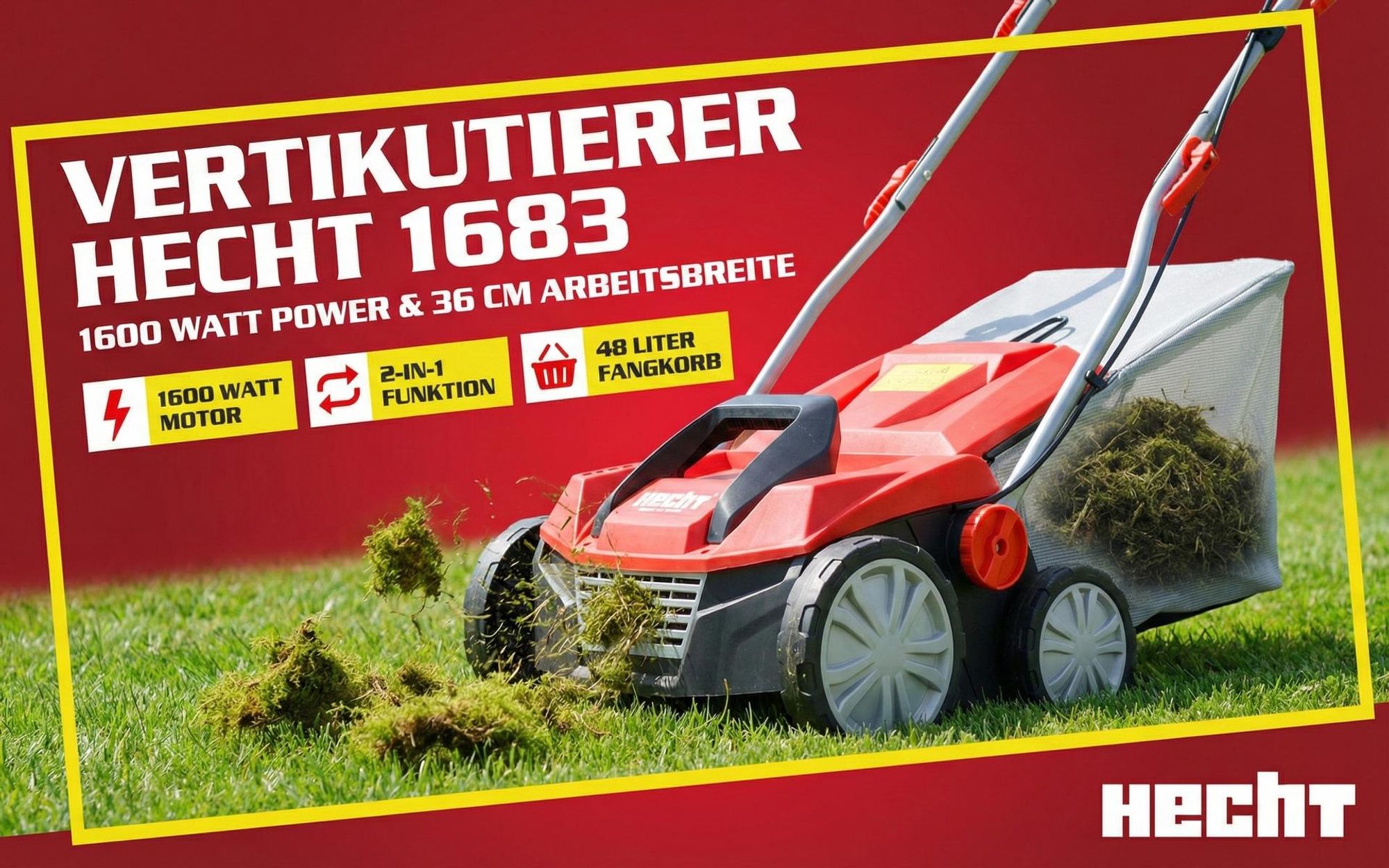 HECHT 1683 Vertikutierer Elektro | 2in1 Rasenlüfter | 36 cm Arbeitsbreite | 1600W | 48L Fangkorb | 3500 U/min | 16 Messer | 24 Krallen