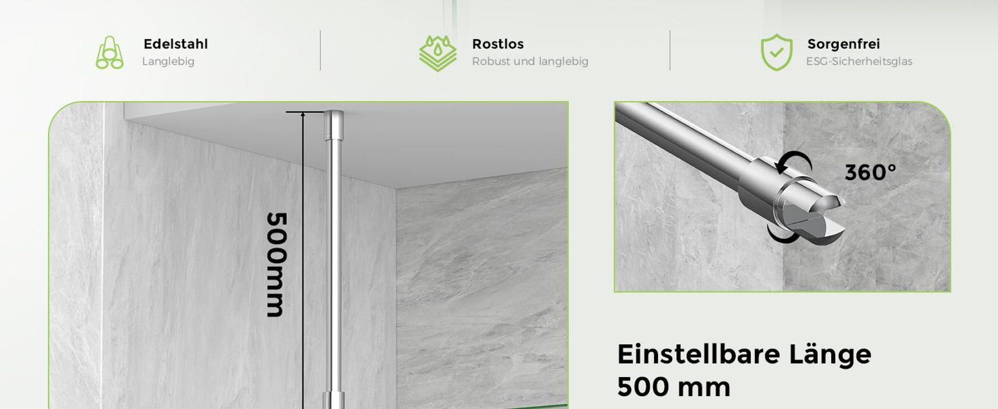 S'AFIELINA Dusch-Stabilisierungsstange aus Edelstahl, rund, verstellbar (Länge), für Glas 6–10 mm, auch für Decke, ideal für Duschabtrennungen,2 Stück