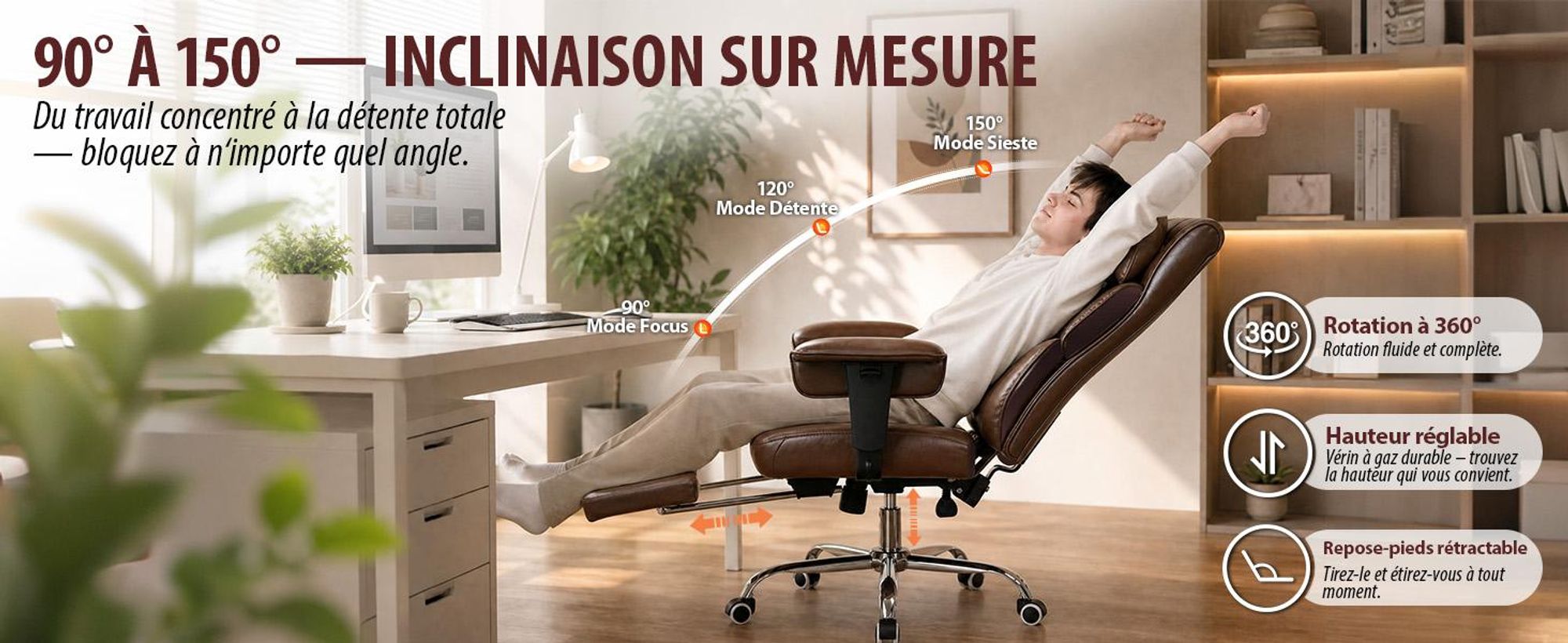 Chaise de gaming GTPLAYER, chaise de bureau ergonomique avec repose-tête réglable, support lombaire large, assise de 54 cm de largeur, inclinable de 90° à 150°, capacité de charge de 180 kg