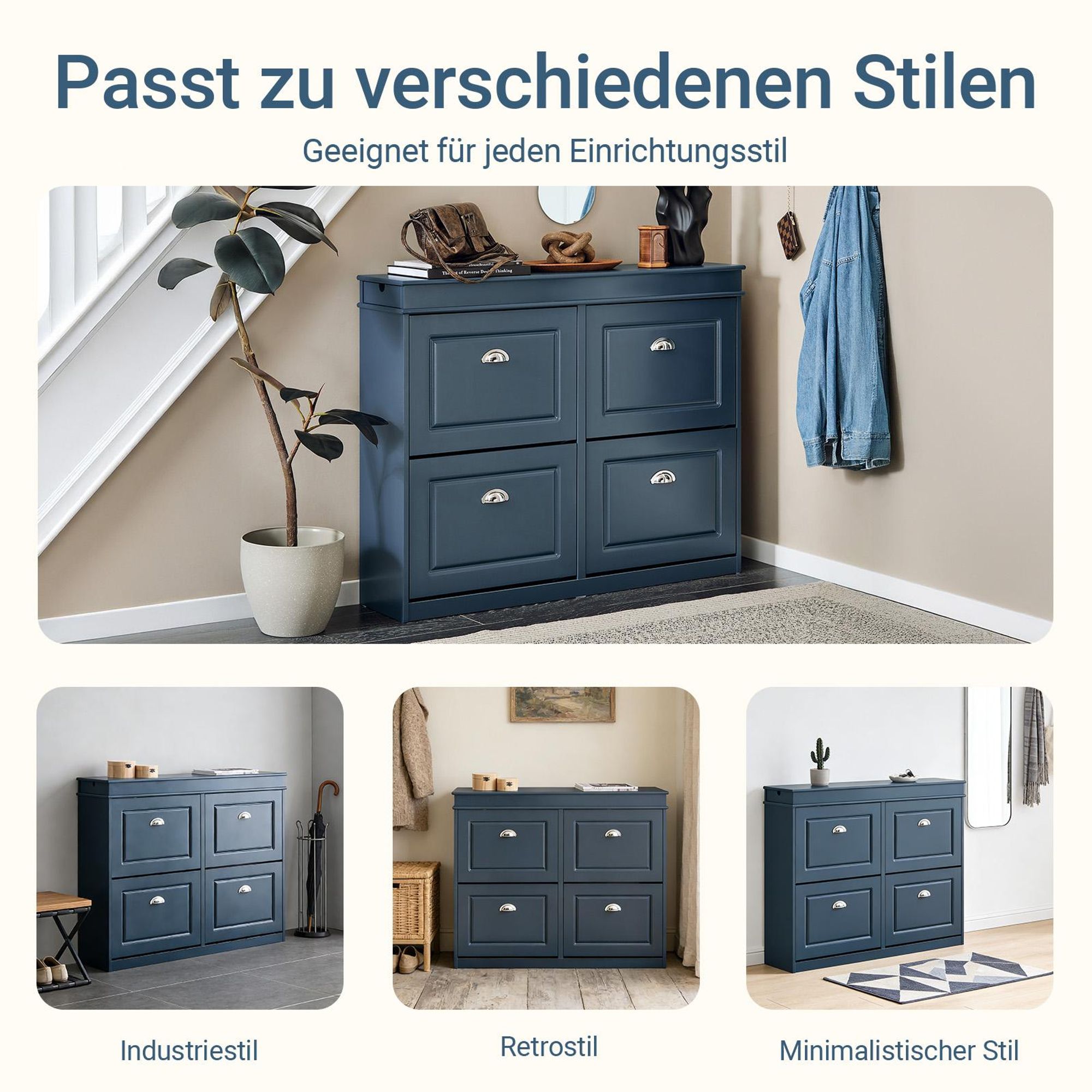 SoBuy schmaler Schuhschrank 24 cm tief mit 4 Klappen, Schublade & Haken, Schuhkipper für Flur mit Stauraum für bis zu 16 Paar Schuhe, Blau FSR79-B