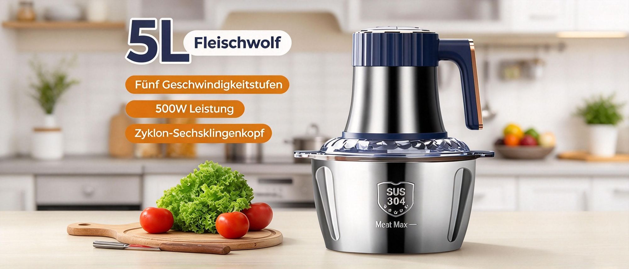 Juksun Zerkleinerer, 500W Universal Zerkleinerer, Gemüseschneider 5L , Multizerkleinerer, Küchengerät für Fleisch, Zwiebeln, Babynahrung