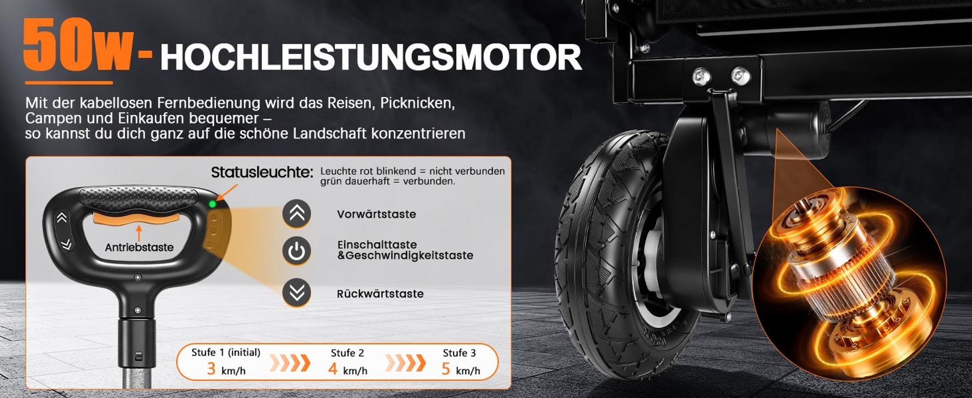 Elektrokarre mit Luftrad Faltbar Handwagen mit 2×2,0AH für Makita Akku, 240L/120KG/116×58×55cm/Griff 68-100cm Campingwagen Gartenwagen Strandwagen