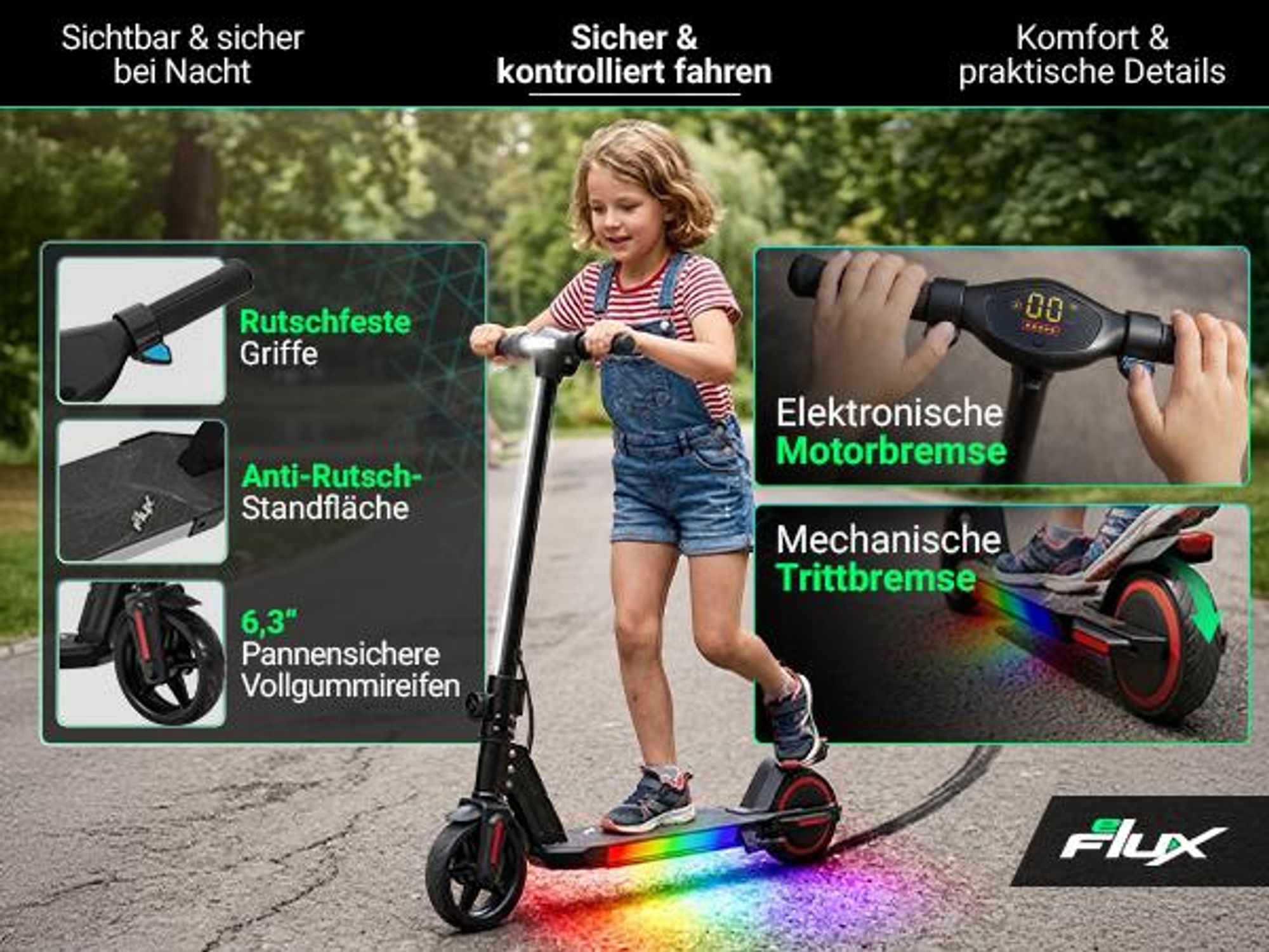 eFlux Kinder Elektroroller K1 | Faltbarer E Scooter - Elektroscooter - LED Display & Beleuchtung - 16 km/h - bis zu 15 km Reichweite - ab 6 Jahre