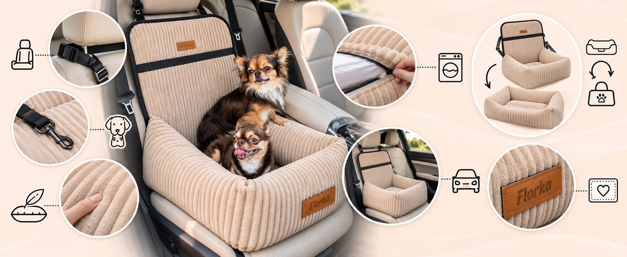 Dogeste hondenautostoel 2-in-1 voor kleine honden – hondenzitje voor de auto en hondenmand