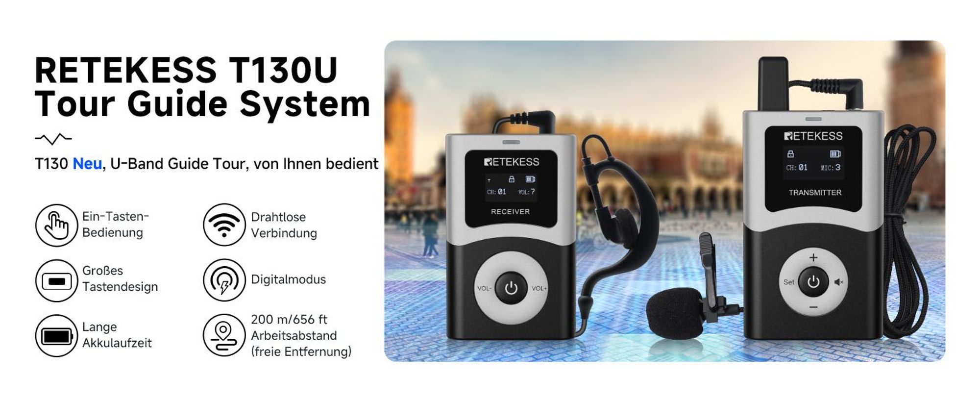 Retekess T130U (T130 4rd) Tour Guide System Set, 200M, U-Band-Reiseführersystem, Ladekoffer mit 32 Steckplätzen, Ladekoffer mit 60 Steckplätzen