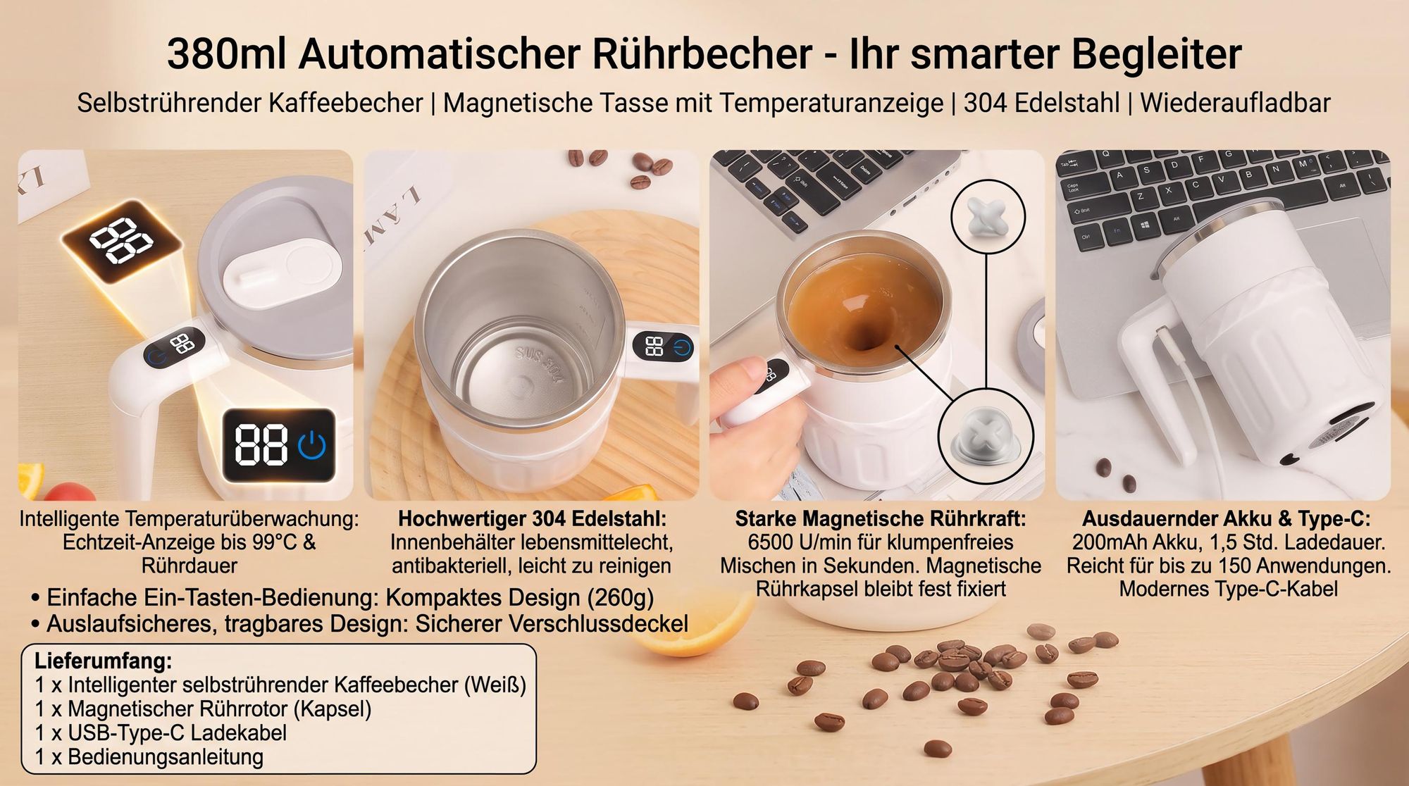 380ml Automatischer Rührbecher,Selbstrührender Kaffeebecher, Magnetische Selbstrührende Tasse mit Temperaturanzeige,304 Edelstahl,Wiederaufladbarer