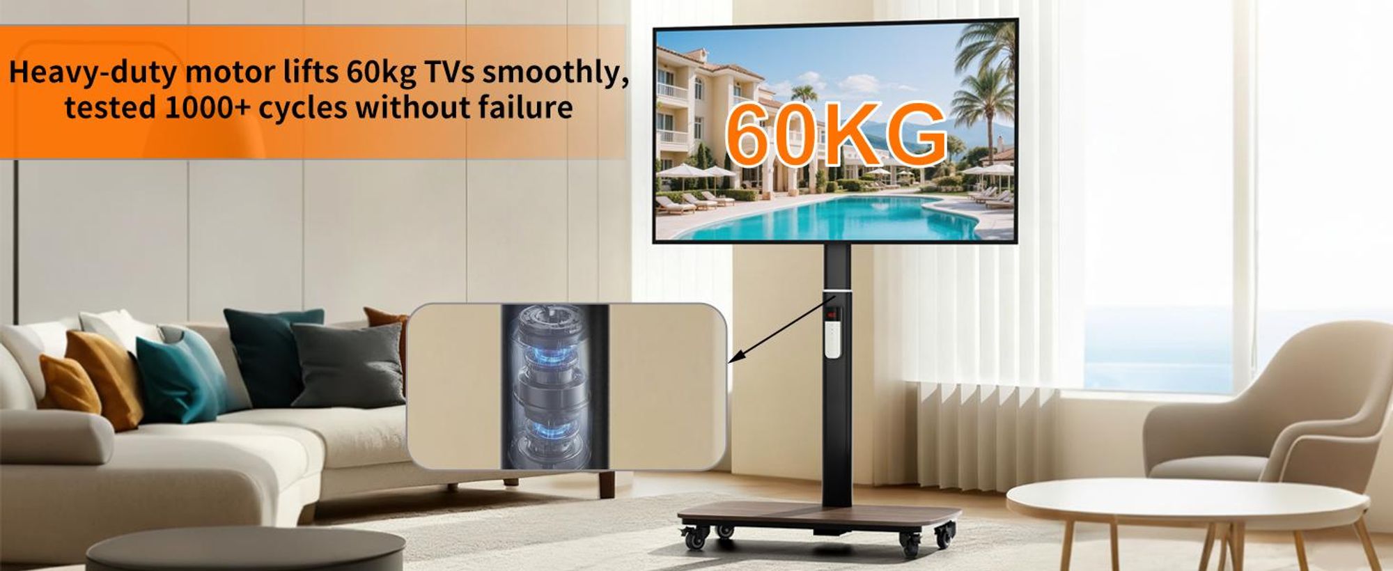 WISFOR TV Standfuss Fernseher Ständer Mit Fernbedienung, Motorisierte Höhenverstellung, rollbar, für 40-77" Flach LED LCD Monitor, 600x400mm, bis 60kg