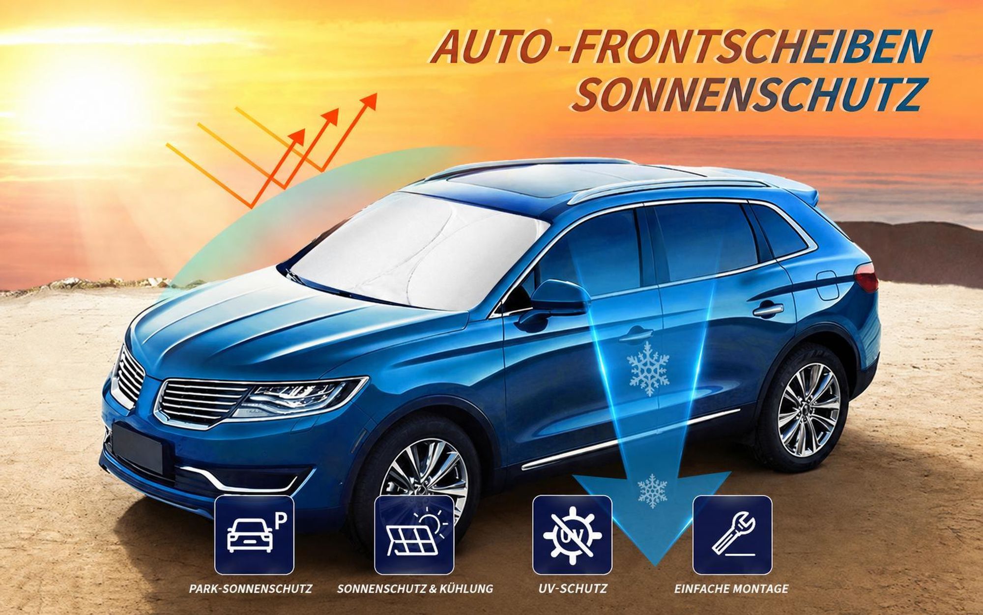 Sonnenschutz Auto Frontscheibe, Faltbar Sonnenschirm, UV-Schutz Auto Sonnenblende für die Windschutzscheibe, für Kompakt Fahrzeuge, 160×86 cm