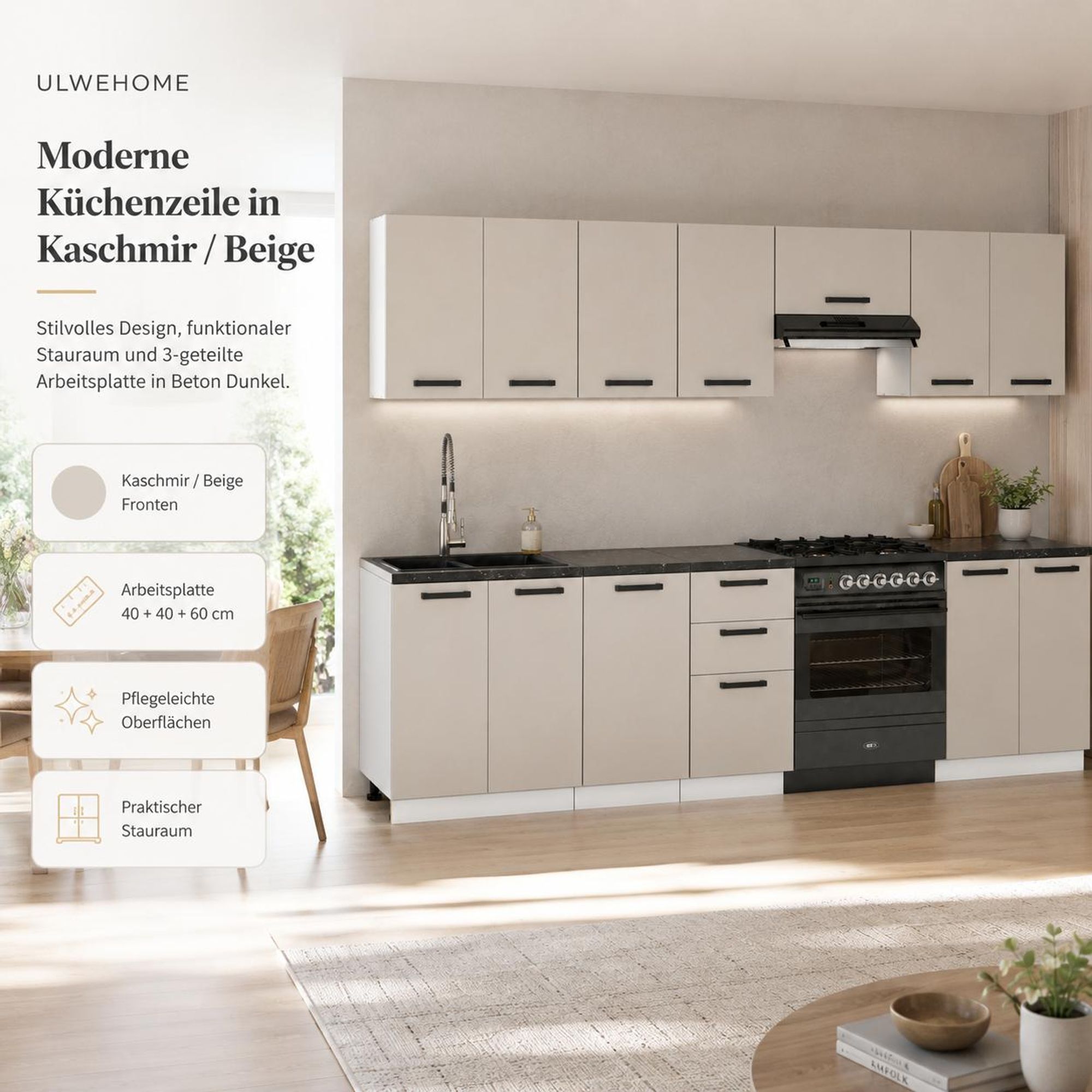 Moderne Küchenzeile 280 cm Kaschmir Beige mit Arbeitsplatte Beton Dunkel
