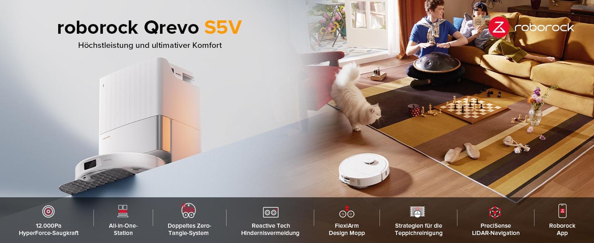 Roborock Qrevo S5V Staubsauger Roboter 12.000 Pa,(Upgrade von S7 Pro Ultra/Qrevo) Zero-Tangle System, Multifunktions-Dock, Warmlufttrocknung