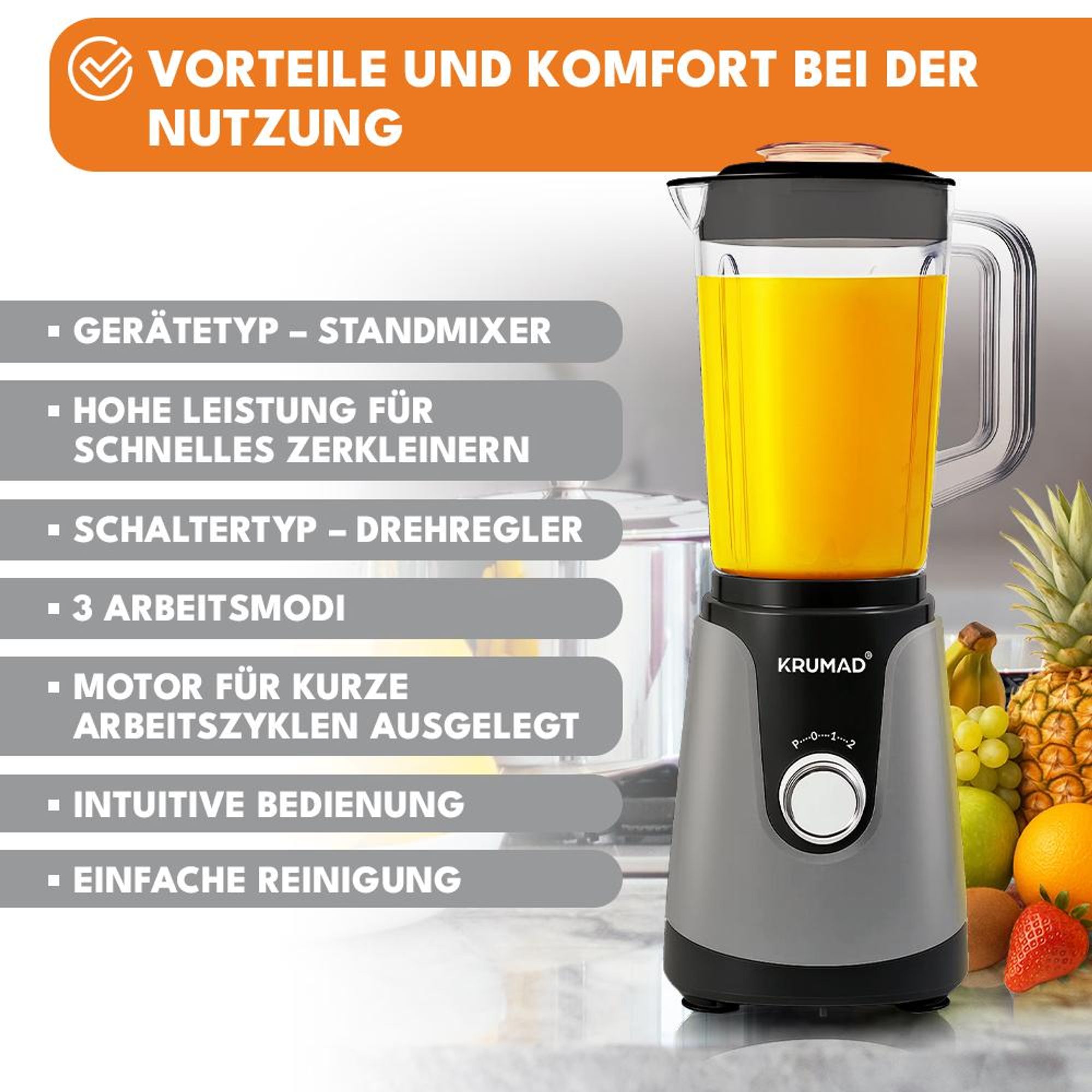 KRUMAD Standmixer 1200W - Hochleistungsmixer mit 1,2L Tritan-Behälter, Edelstahlklingen & Pulsfunktion - Smoothie Maker für Shakes, Suppen