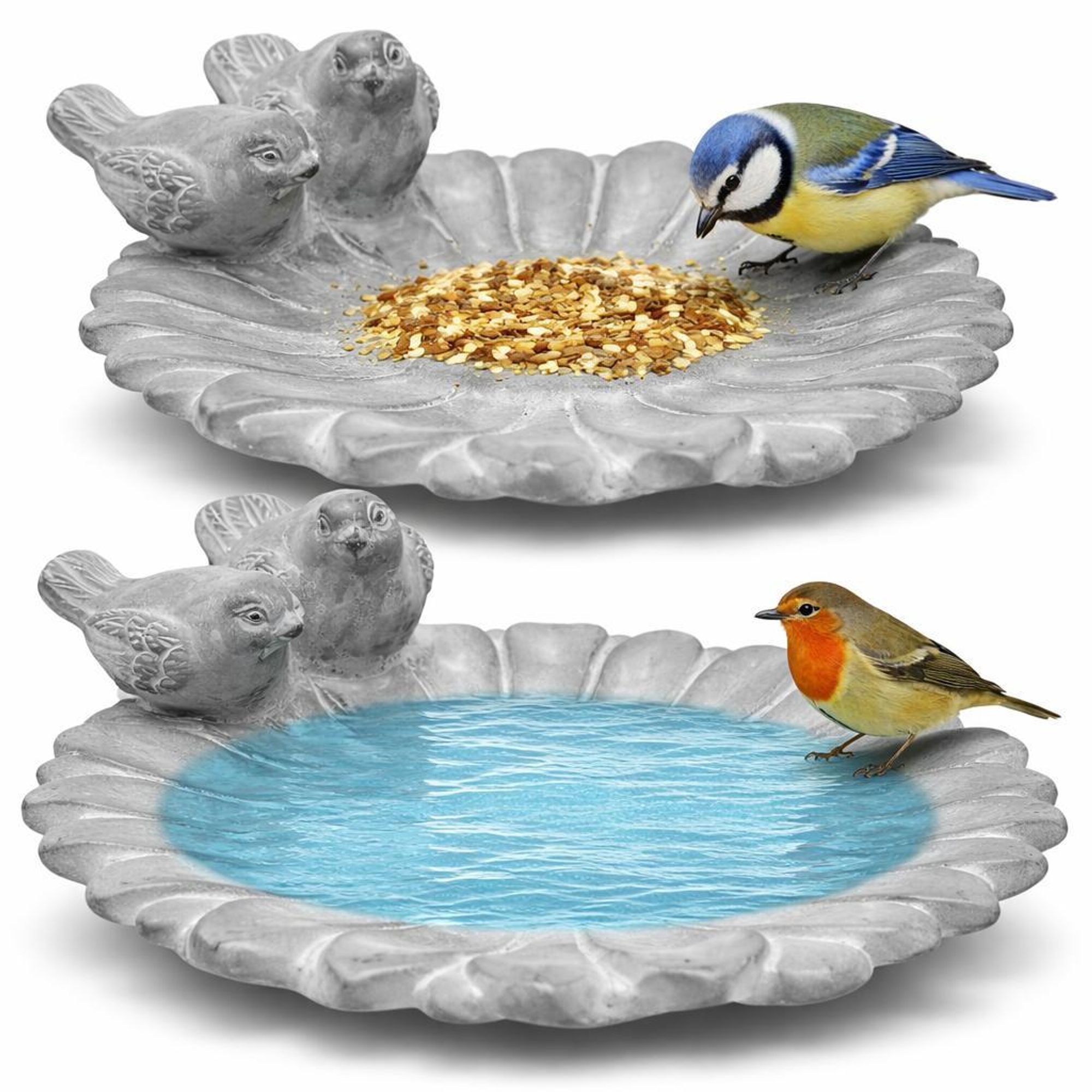 2er Set Vogeltränke „Sonnenblume“ aus Zement – Vogelbad & Futterschale mit Deko-Vögeln – wetterfest für Garten, Balkon & Terrasse – Ø 25,5 cm, grau