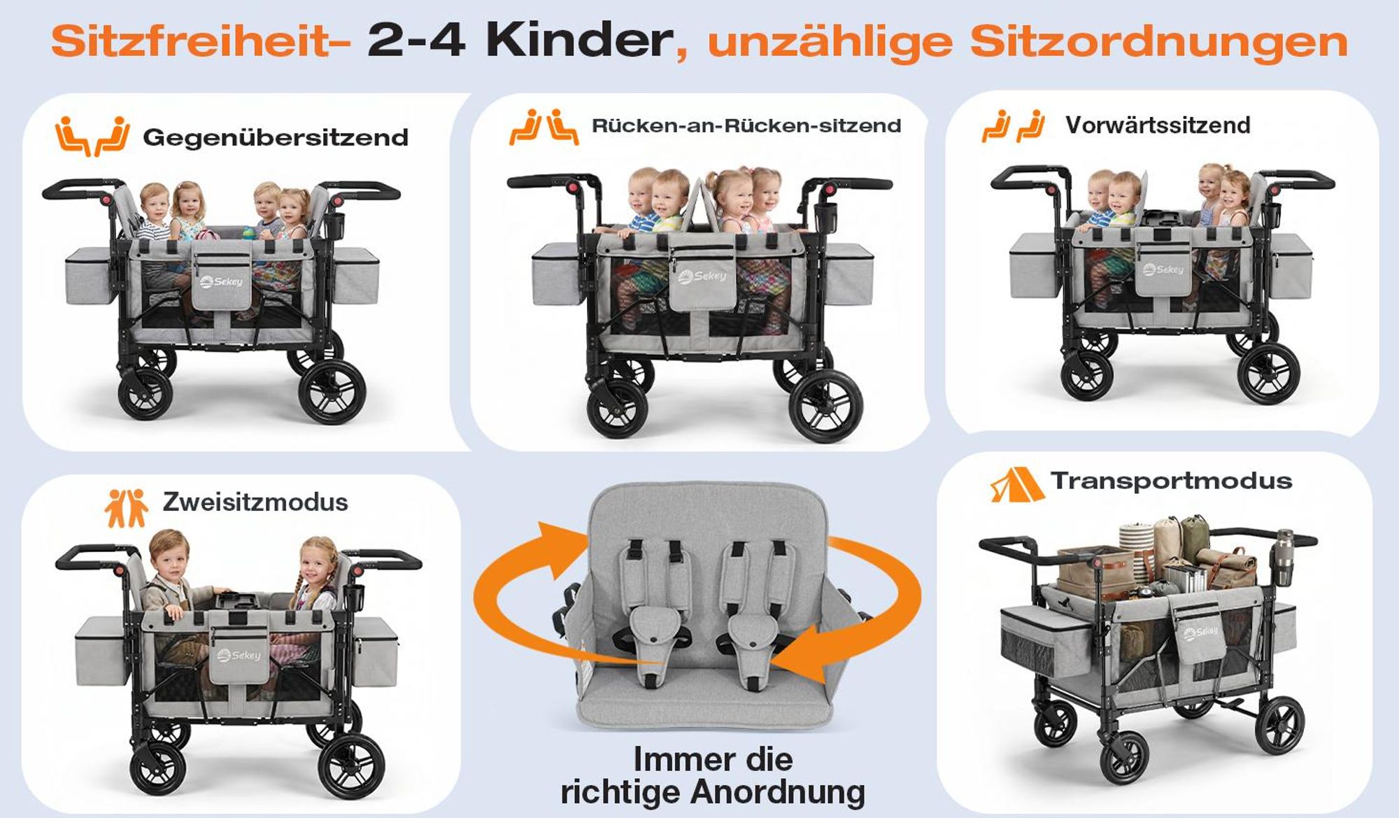 Sekey Faltbarer Bollerwagen mit Dach, Kinderwagen für 2-4 Kinder, 4 Sitzer Zwillingskinderwagen mit 4 integrierten 5-Punkt-Gurtsystem, Grau